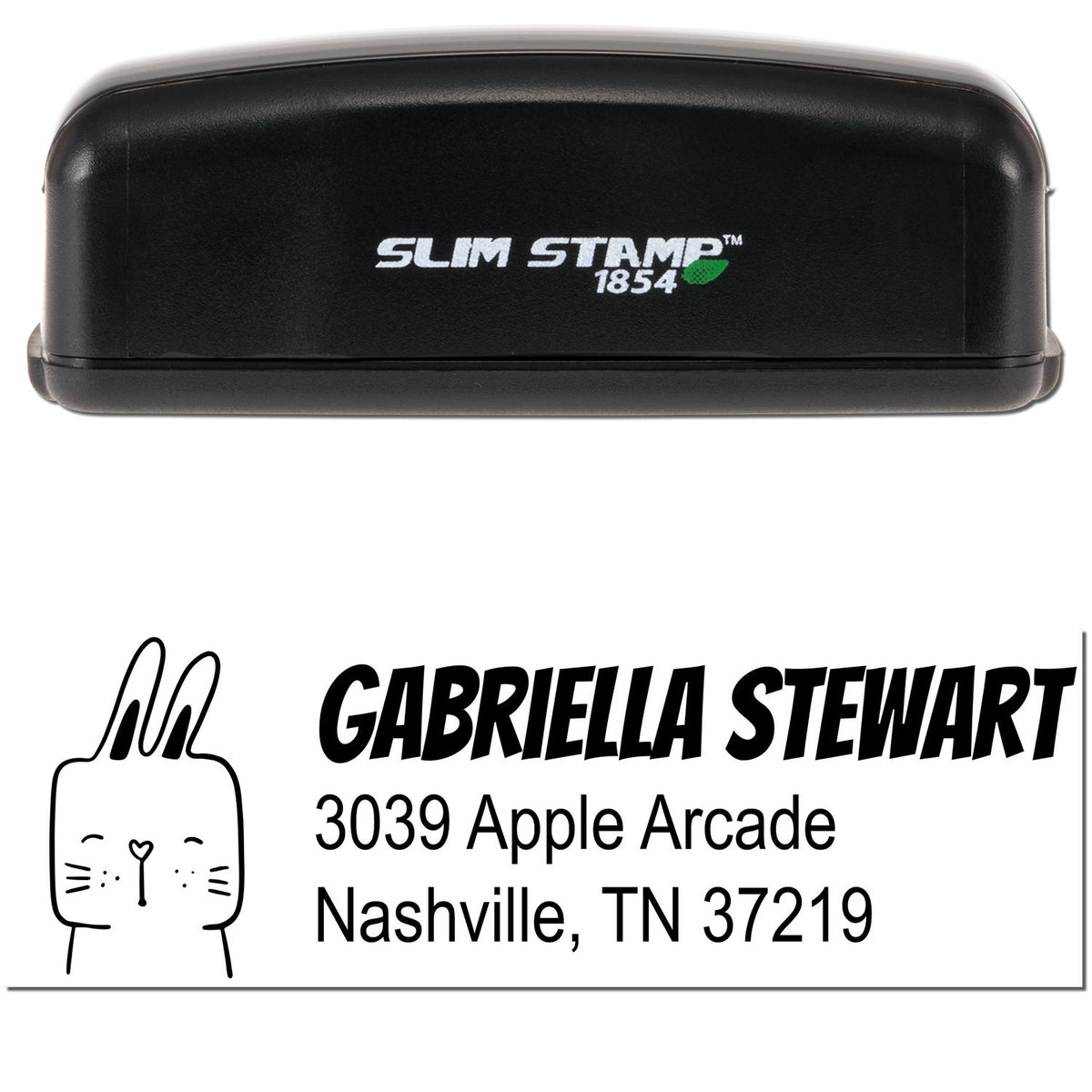 Image of a Slim Pre-Inked Fuzzy Rabbit Customize Name and Address Stamp. The stamp features a personalizable home stamp design with a cute rabbit illustration and customizable text for name and address.