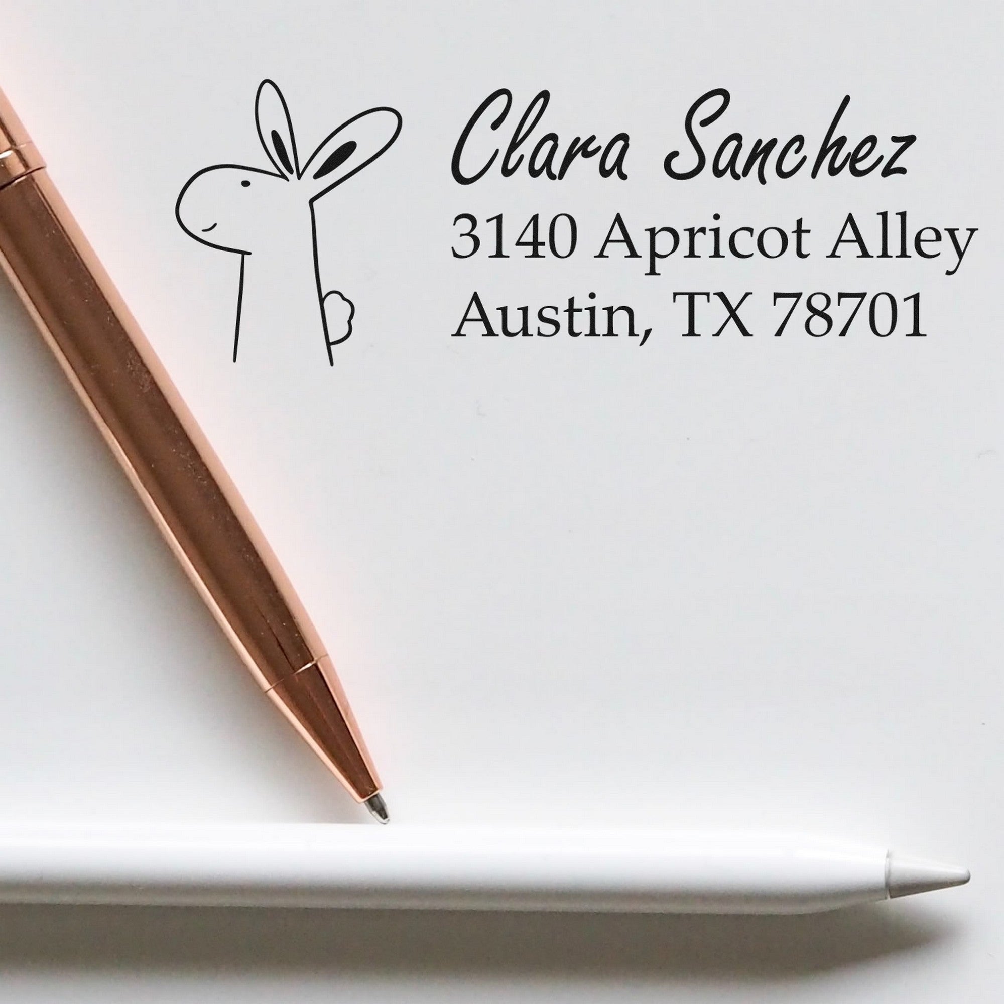 Image of a personalizable address stamp featuring a wood handle hopping bunny design. The stamp displays the name "Clara Sanchez" with an address. Two pens are placed nearby, highlighting the handmade address return rubber stamp's elegant style.