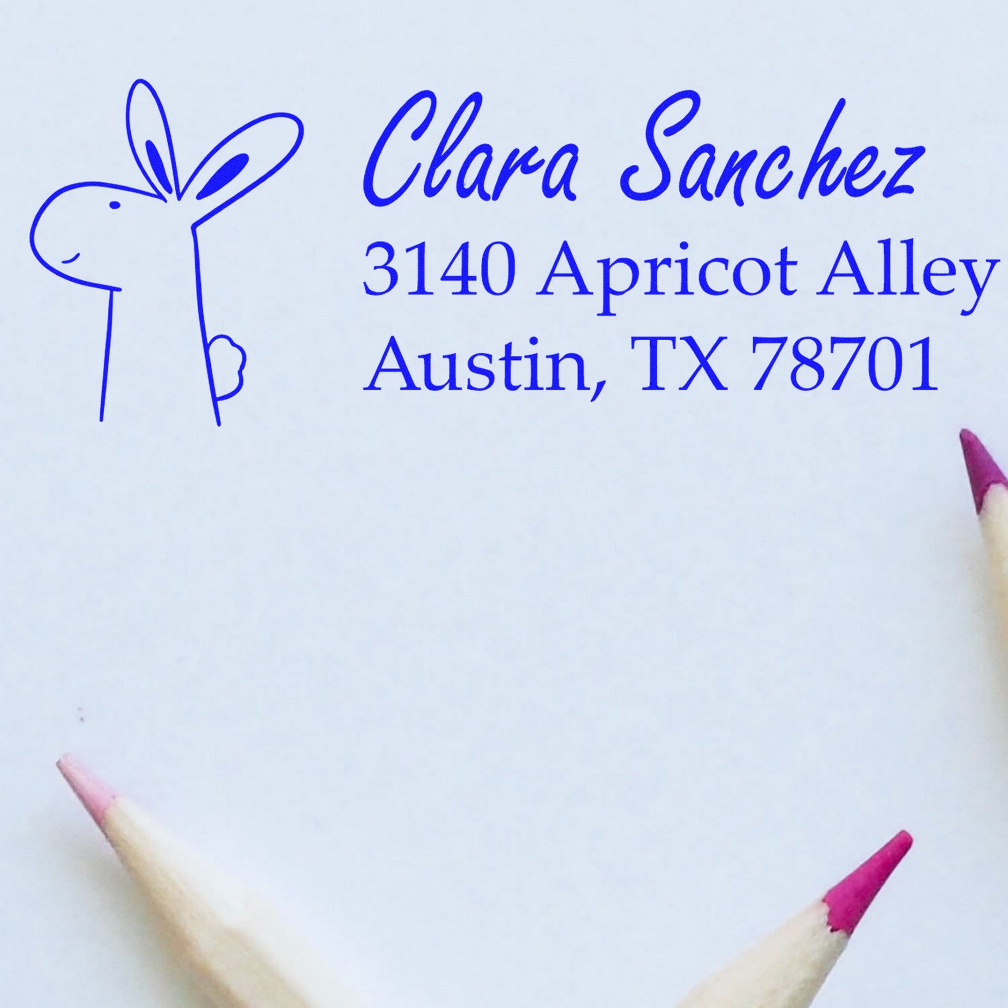 Wood Handle Hopping Bunny Handmade Address Return Rubber Stamp with a playful bunny design. Personalizable New Address Stamper featuring the name Clara Sanchez and address 3140 Apricot Alley, Austin, TX 78701, surrounded by colored pencils.