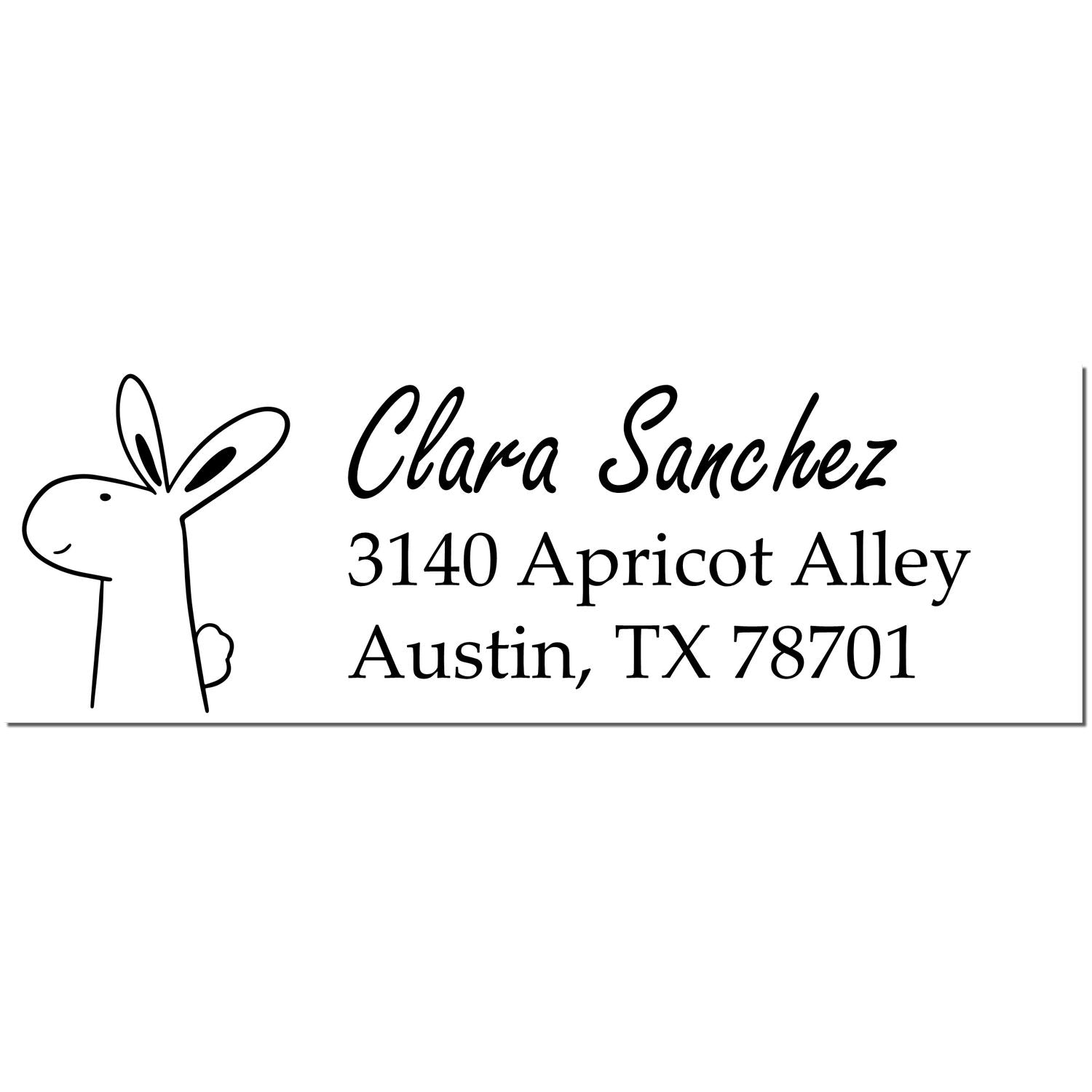 Wood Handle Hopping Bunny Handmade Address Return Rubber Stamp featuring a cute bunny illustration. Personalizable Mailing Stamp with customizable name and address, shown with "Clara Sanchez, 3140 Apricot Alley, Austin, TX 78701" in black text.