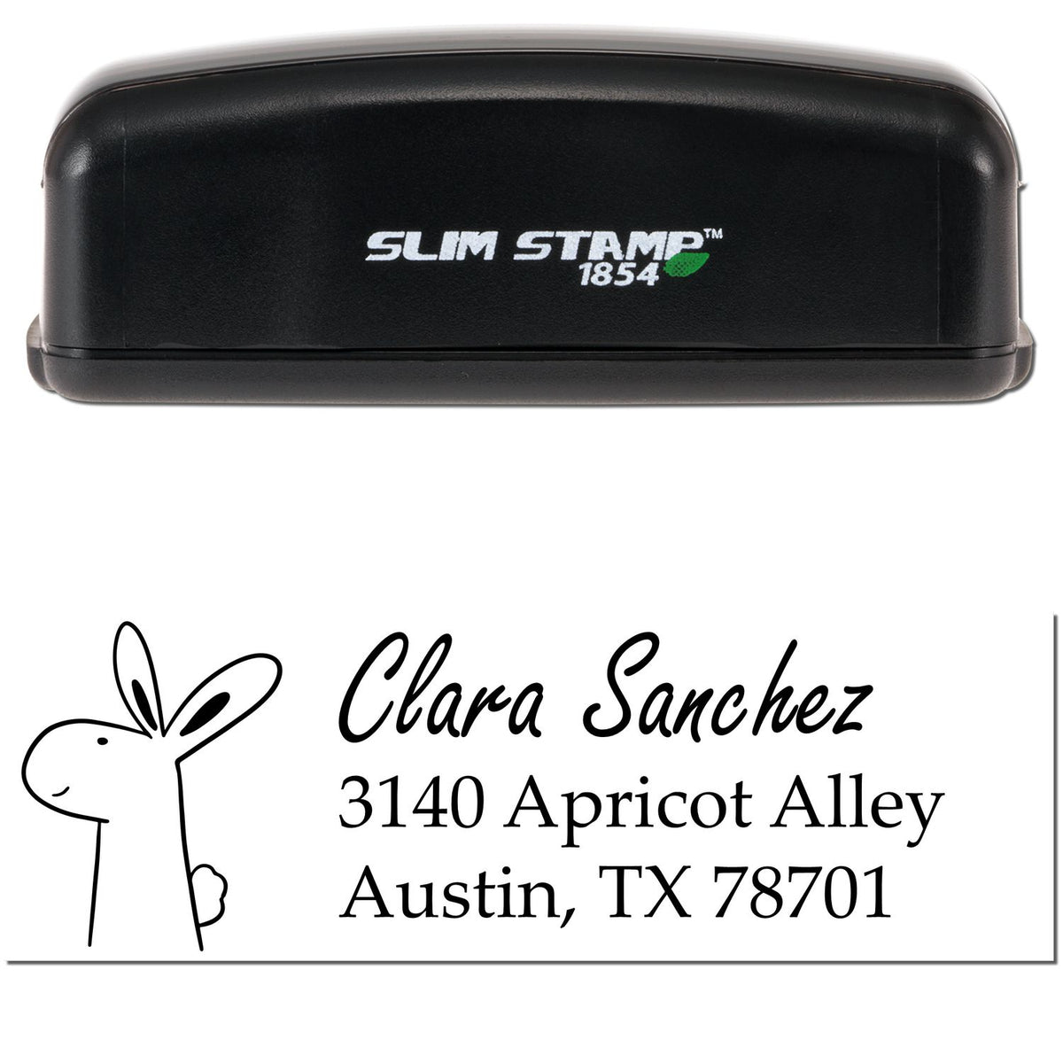 Image of a Slim Pre-Inked Hopping Bunny Customize Mailing Stamp. The black stamp is shown above a sample imprint featuring a bunny illustration and personalized return mail stamp details for Clara Sanchez, 3140 Apricot Alley, Austin, TX 78701.