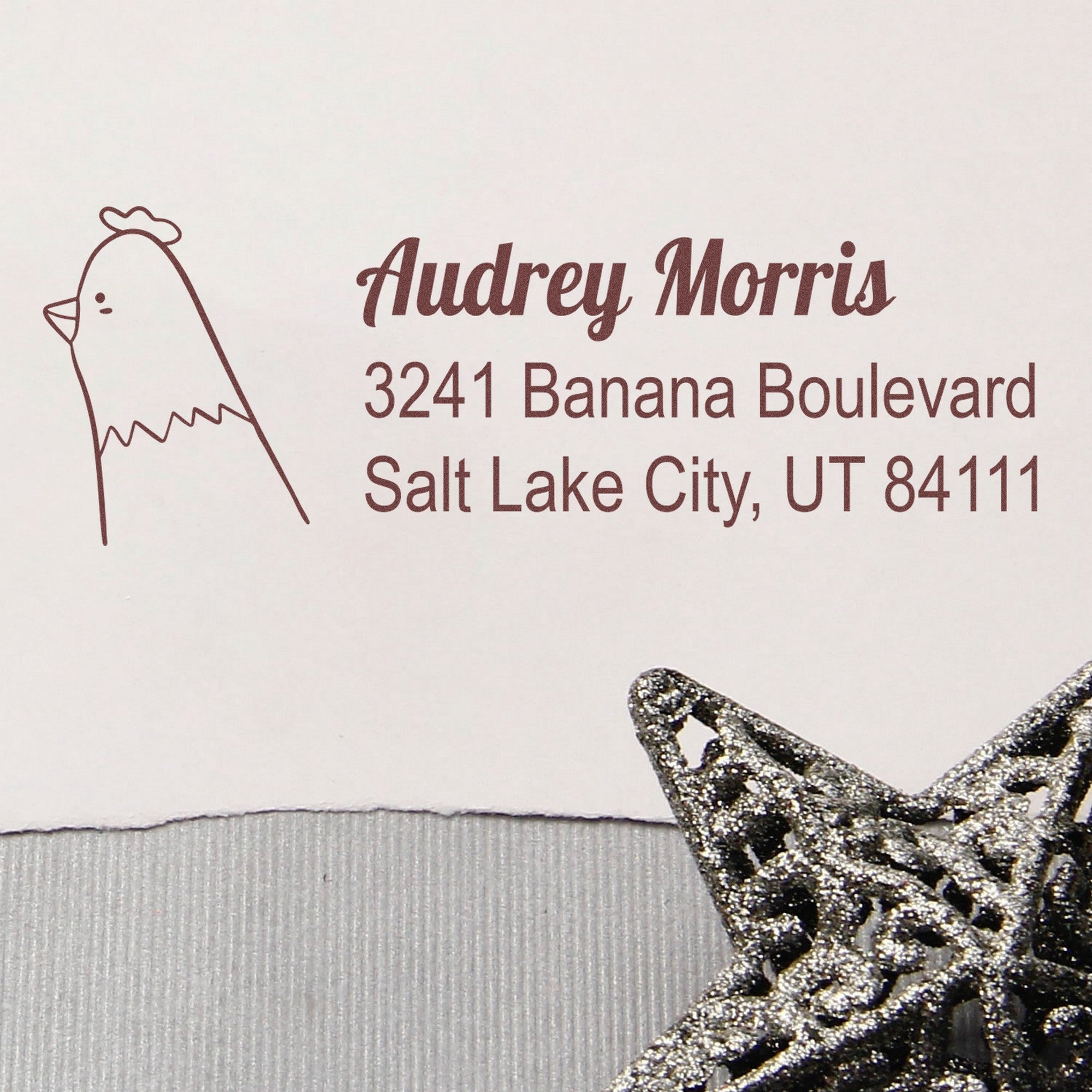 PSI Clucking Chicken Personalized Return Address Pre-Inked Stamp featuring a simple chicken illustration and the name "Audrey Morris" with address "3241 Banana Boulevard, Salt Lake City, UT 84111." The Personalized Home Stamp is shown on a white envelope with a silver star decoration.