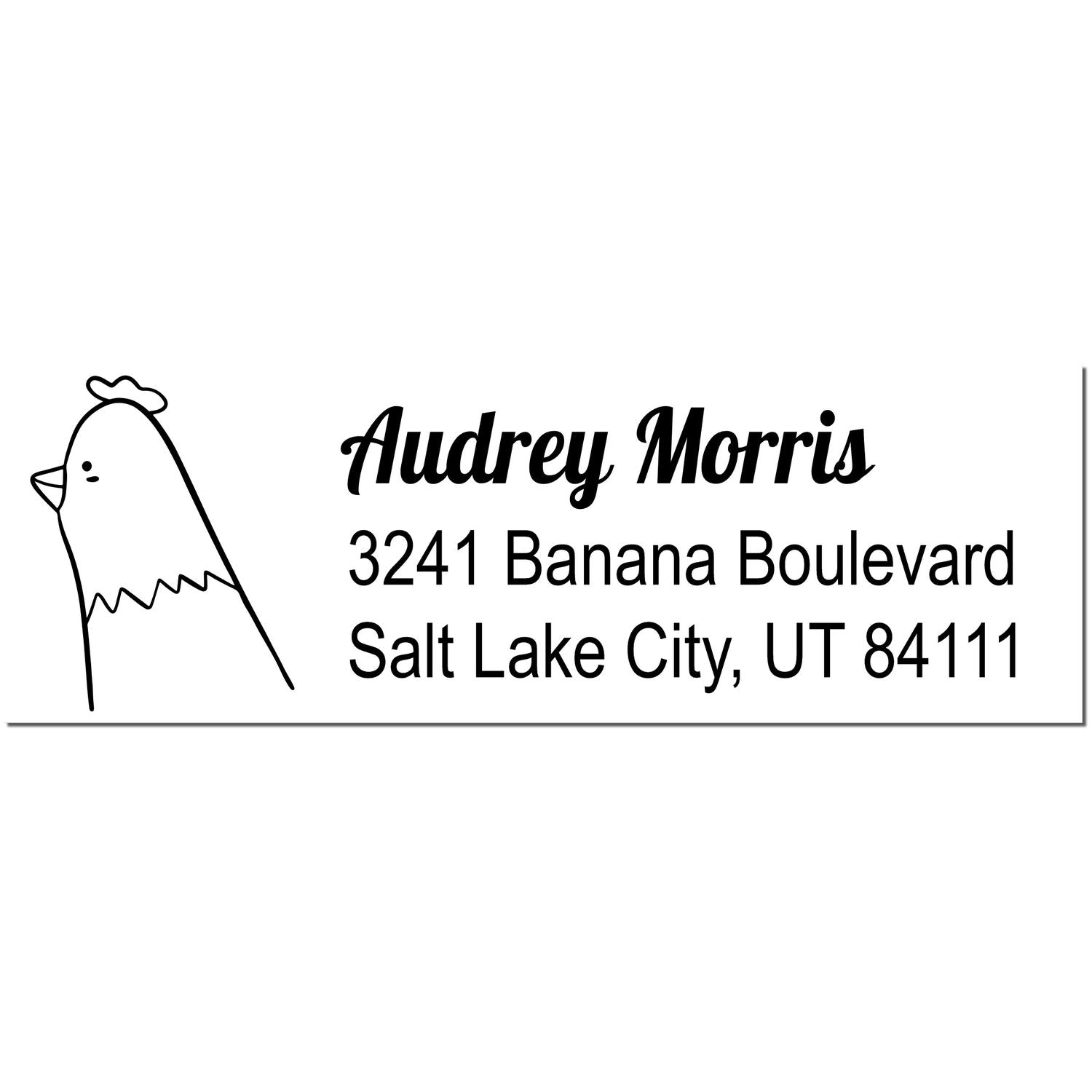 Wood Handle Clucking Chicken Handmade Mailing Address Rubber Stamp featuring a custom-made return mail stamper design. The stamp shows a chicken illustration with the name "Audrey Morris" and address "3241 Banana Boulevard, Salt Lake City, UT 84111."