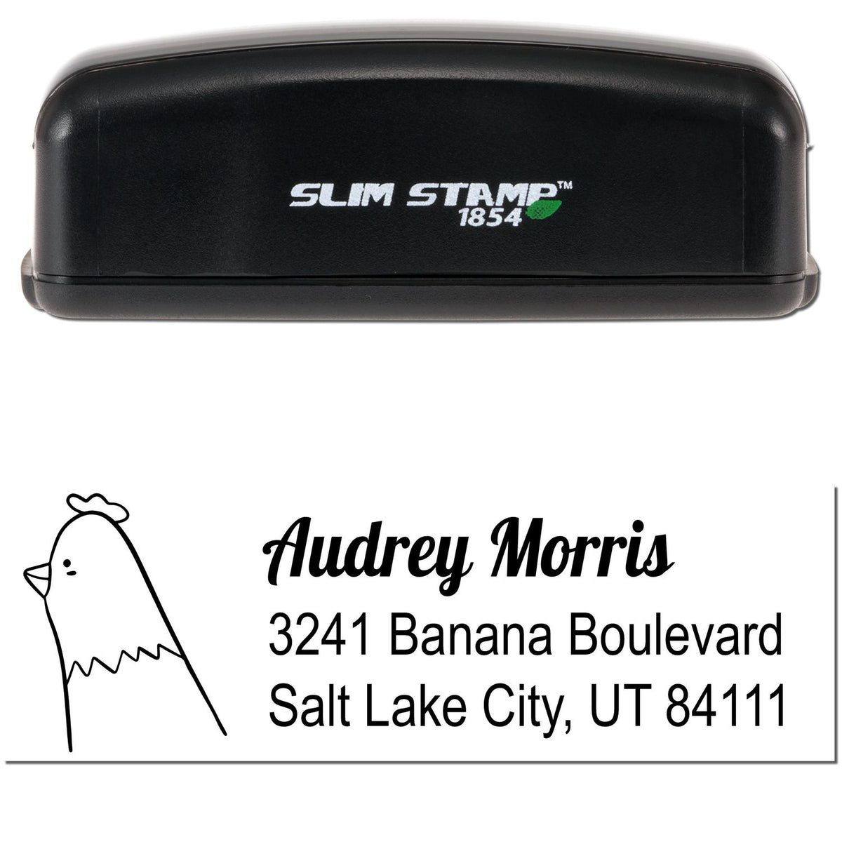 Slim Pre-Inked Clucking Chicken Customize Mail Stamp featuring a black casing with "Slim Stamp 1854" text. Below, a Custom Return Mail Stamp design shows a chicken illustration and sample address: Audrey Morris, 3241 Banana Boulevard, Salt Lake City, UT 84111.