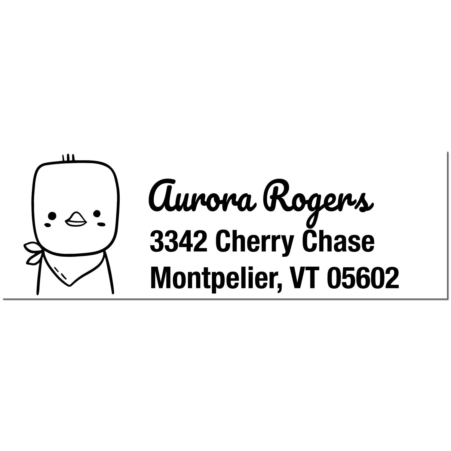PSI Cute Chick Personalized Name and Address Pre-Inked Stamp featuring a cartoon chick with a scarf, alongside the text "Aurora Rogers, 3342 Cherry Chase, Montpelier, VT 05602." Ideal as a Personalized Return Mail Stamp.