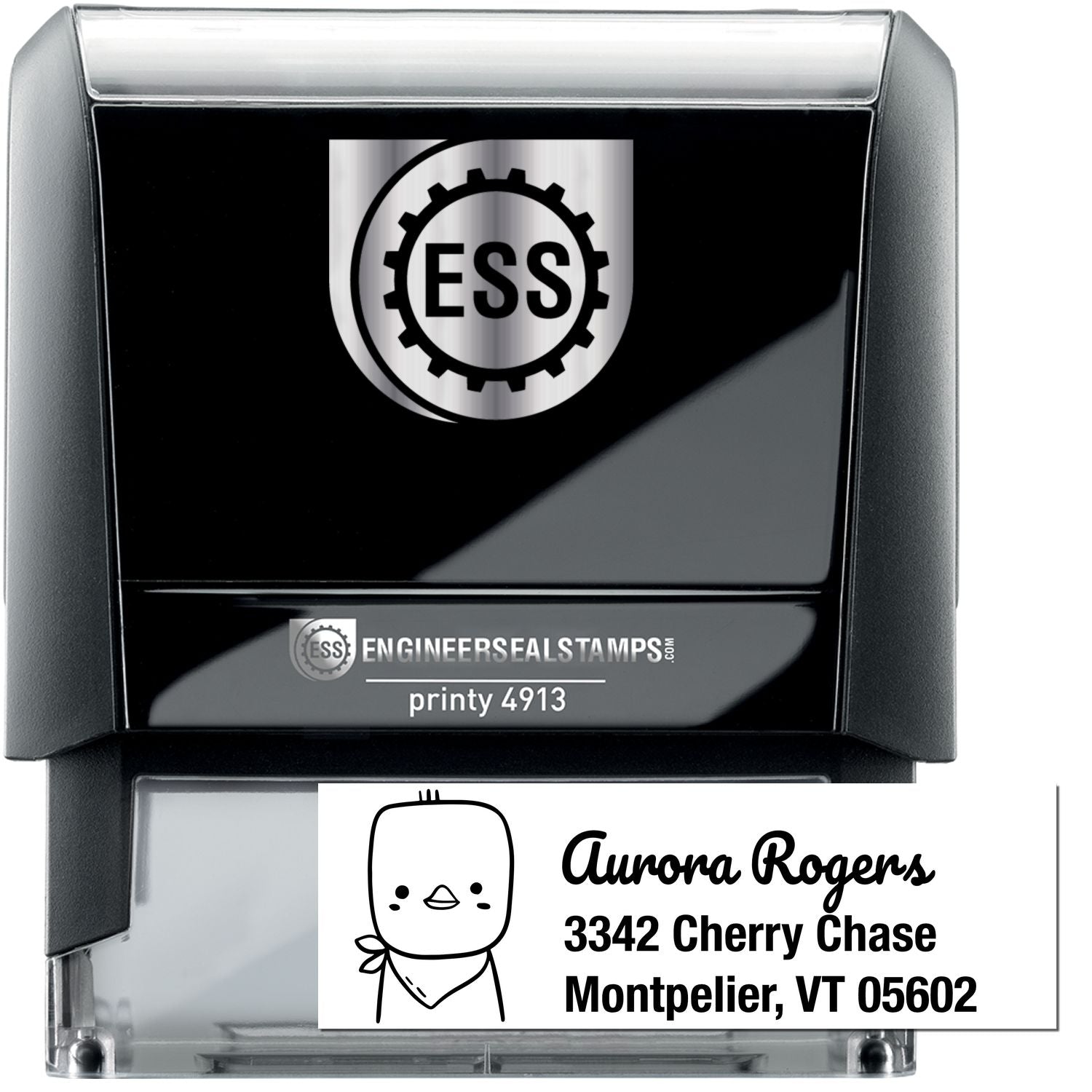 A black self-inking stamp labeled ESS with a custom address label featuring a cute chick illustration. The text reads Aurora Rogers, 3342 Cherry Chase, Montpelier, VT 05602. Keywords: Cute Chick Custom Address Label Self-Inking Stamp, Custom-Made Home Stamper.