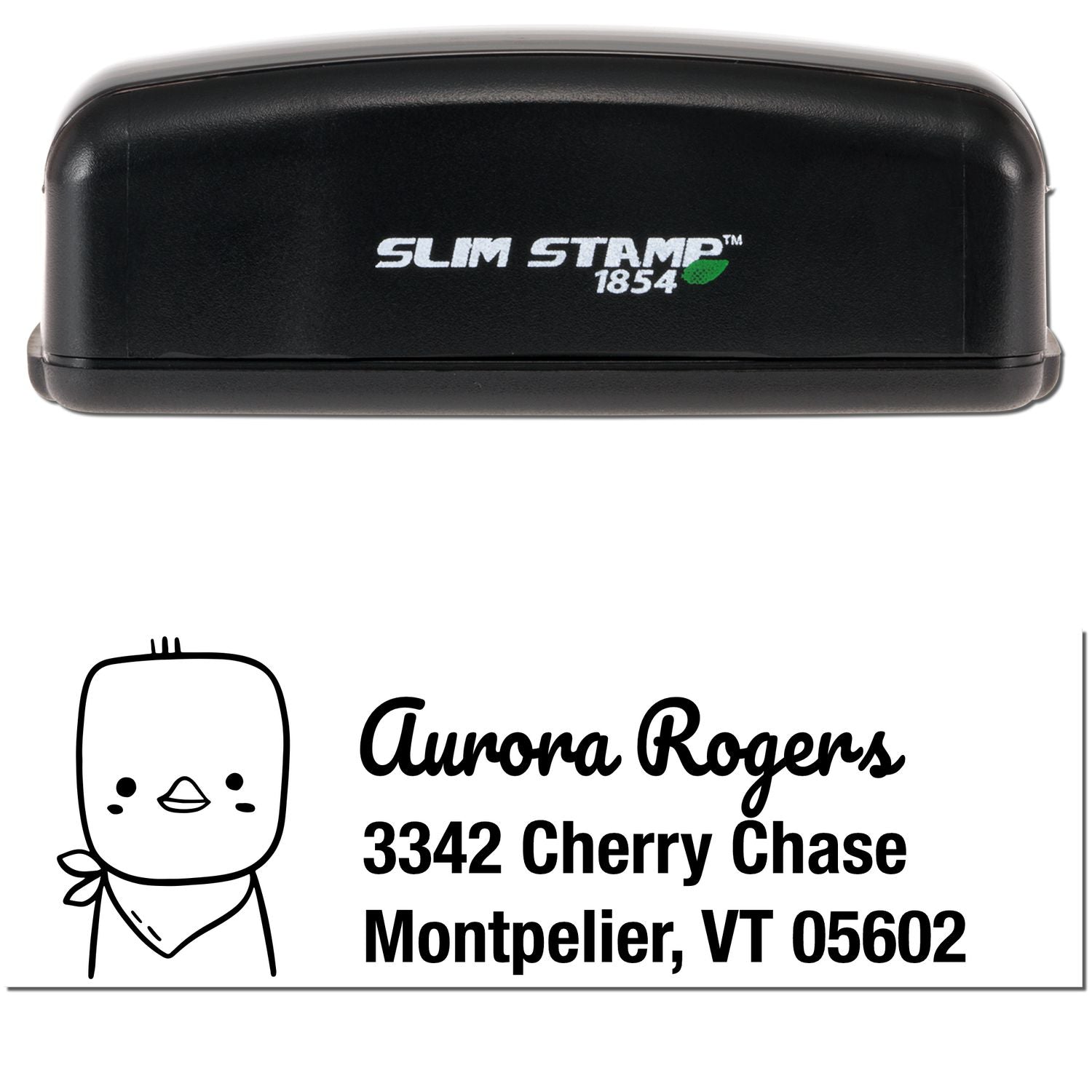 Slim Pre-Inked Cute Chick Customize Home Address Stamp featuring a cartoon chick design. Personalizable Address Stamp with the name "Aurora Rogers" and address "3342 Cherry Chase, Montpelier, VT 05602" displayed below a black slim stamp.