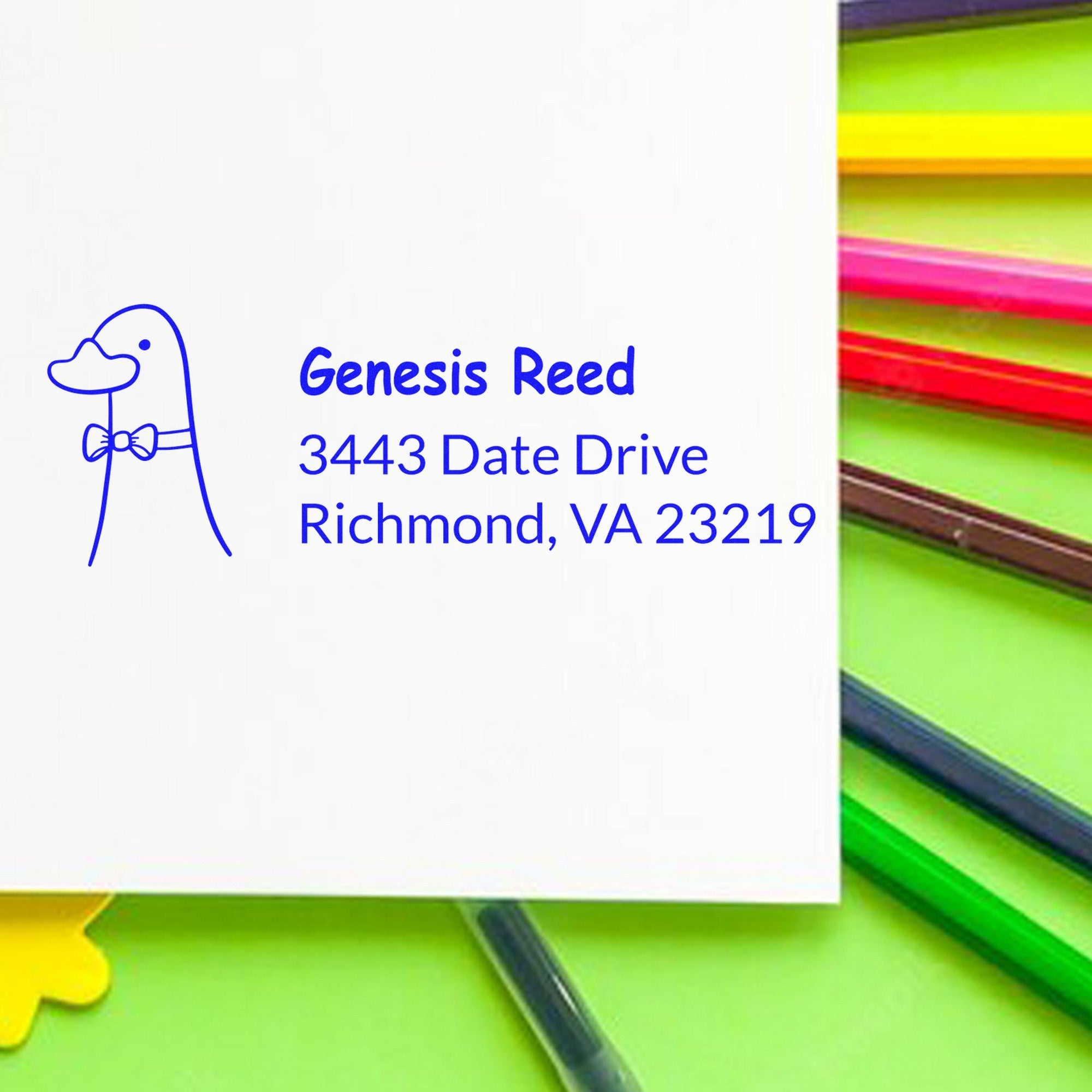 PSI Dashing Duck Personalized Mailing Pre-Inked Stamp featuring a duck with a bow tie, used as a Custom New Address Stamp on an envelope. The stamp displays the name "Genesis Reed" and address "3443 Date Drive, Richmond, VA 23219" on a colorful background.
