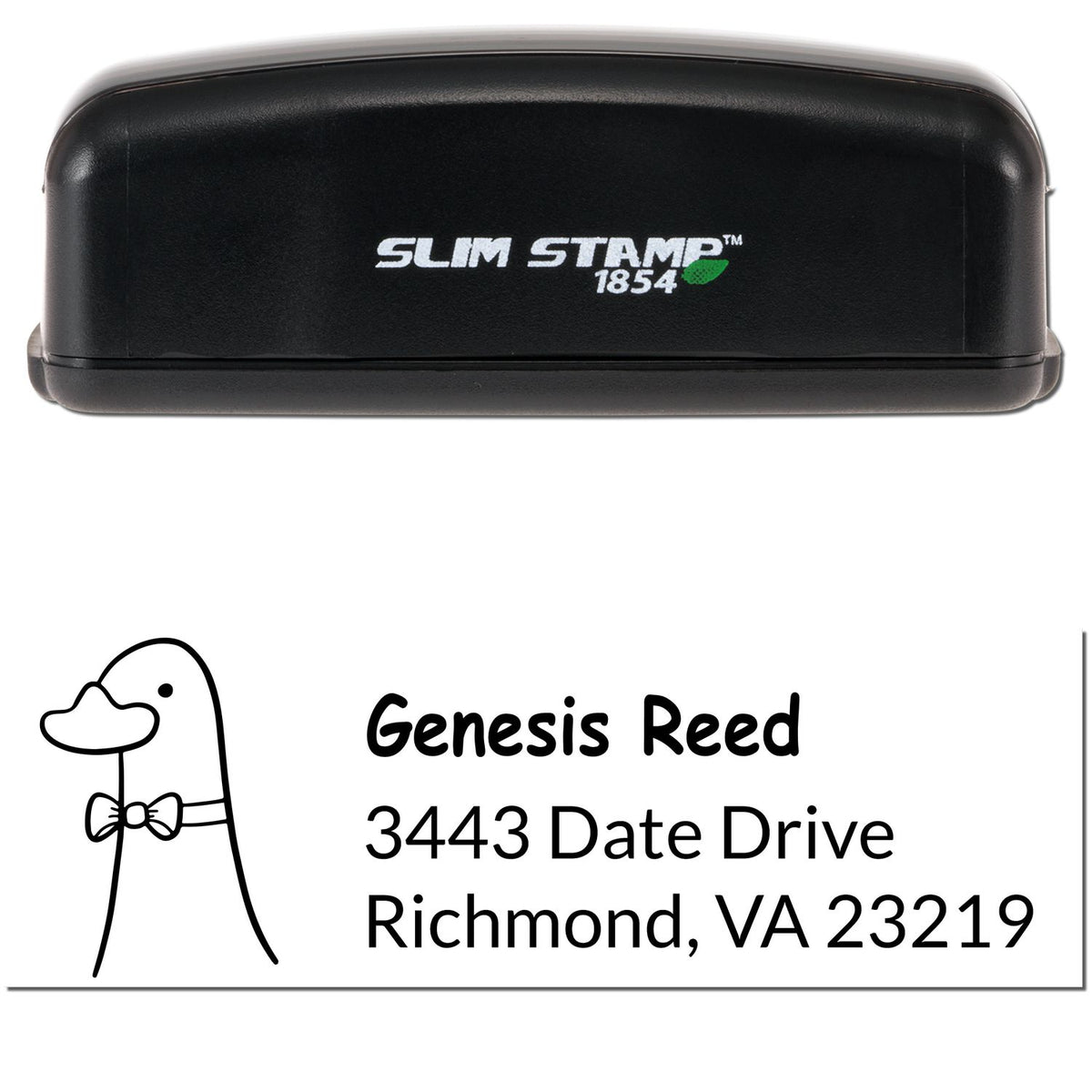 Slim Pre-Inked Dashing Duck Customize Address Return Stamp featuring a sleek black design. The Customized New Address Stamper displays "Genesis Reed, 3443 Date Drive, Richmond, VA 23219" with a duck illustration.