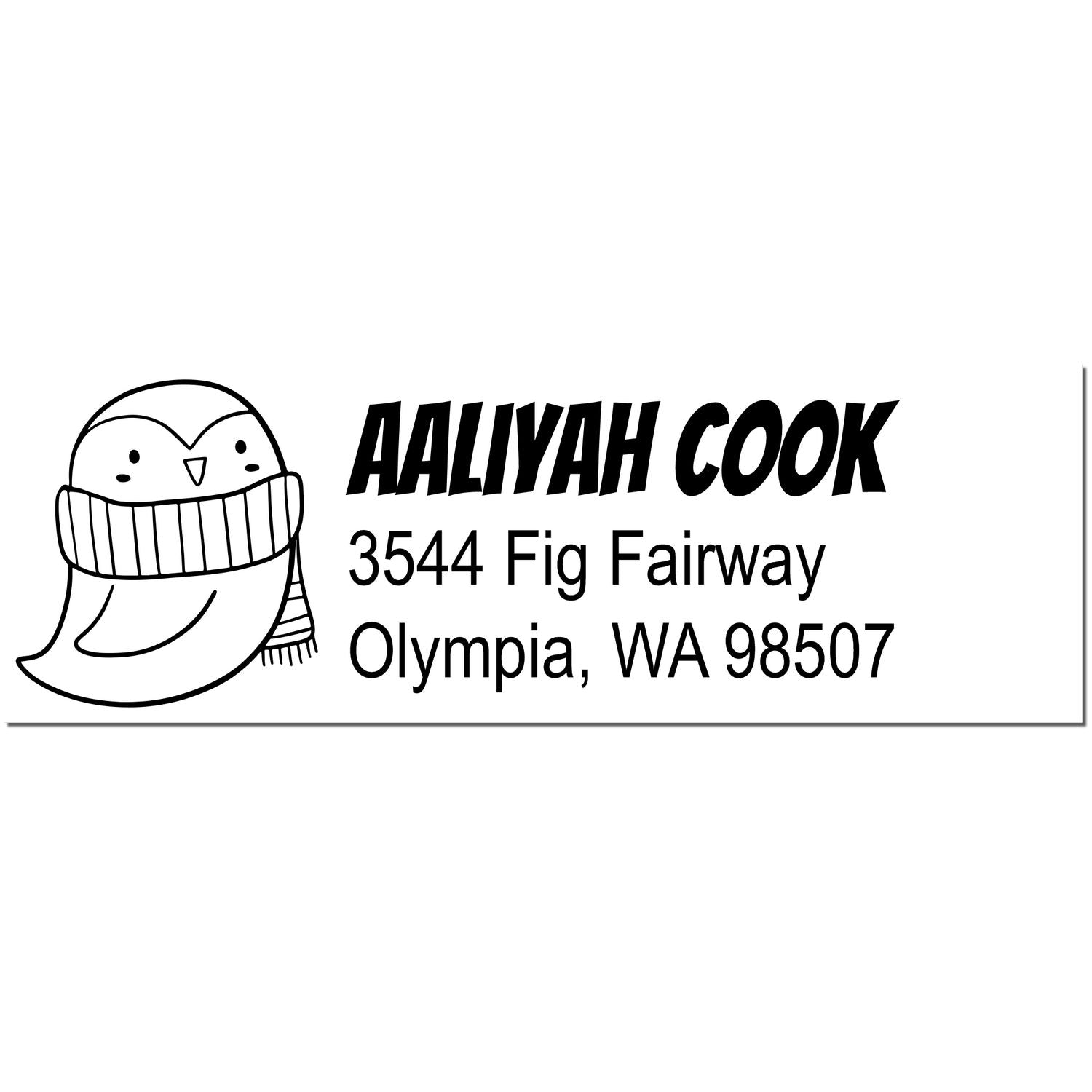 Image of a custom-made address stamp featuring a pretty penguin with a scarf, alongside the text "Aaliyah Cook, 3544 Fig Fairway, Olympia, WA 98507." The stamp has a wood handle and is ideal for home addresses on envelopes.