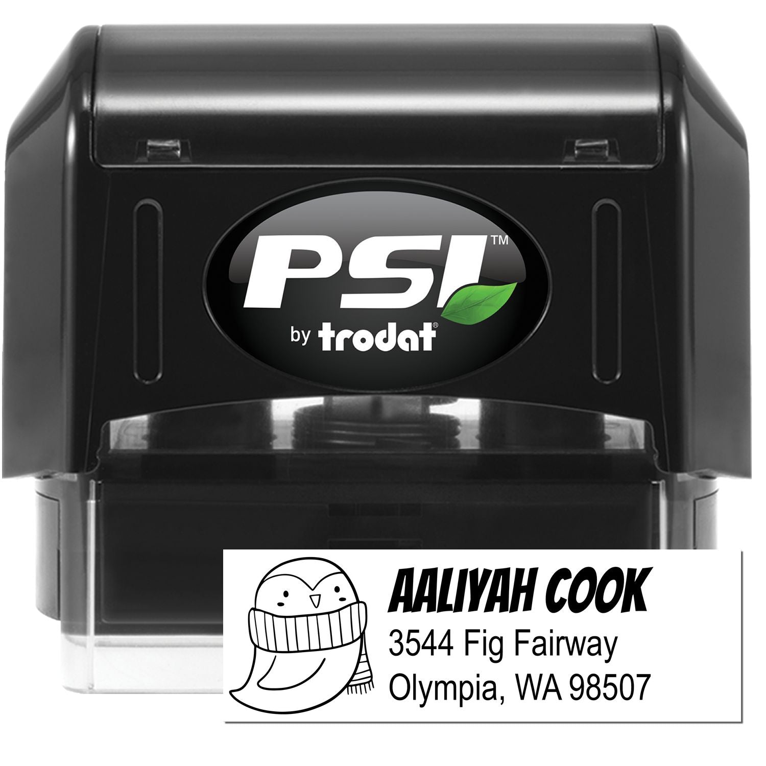 Image of a PSI Pretty Penguin Personalized Mail Pre-Inked Stamp. The Personalized Return Mail Stamper features a cute penguin illustration and the name "Aaliyah Cook" with an address in Olympia, WA. The stamp is black with a clear base.