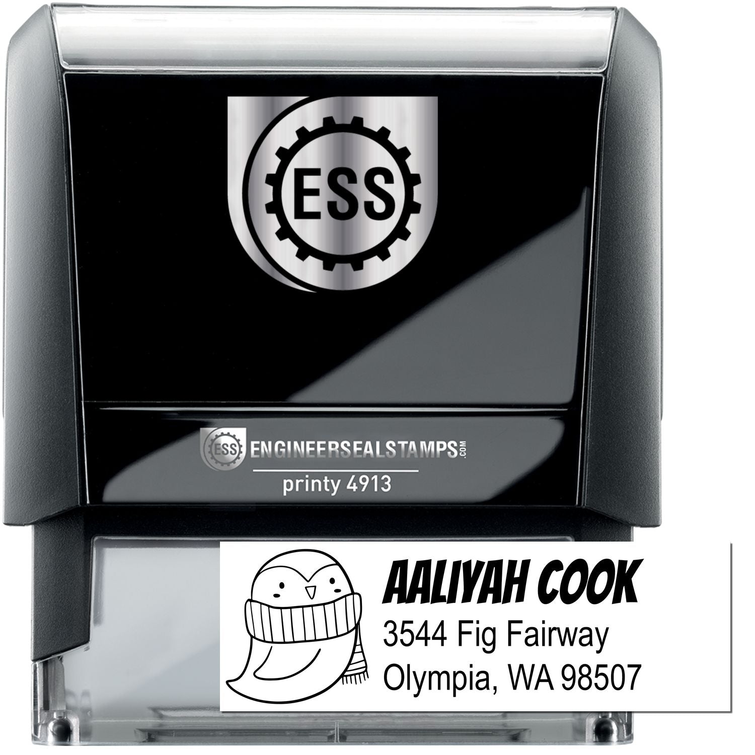 Pretty Penguin Customized Return Address Self-Inking Stamp featuring a penguin design. The Custom-Made Home Stamper displays the name "Aaliyah Cook" with an address in Olympia, WA. The stamp is black with a clear base for easy alignment.