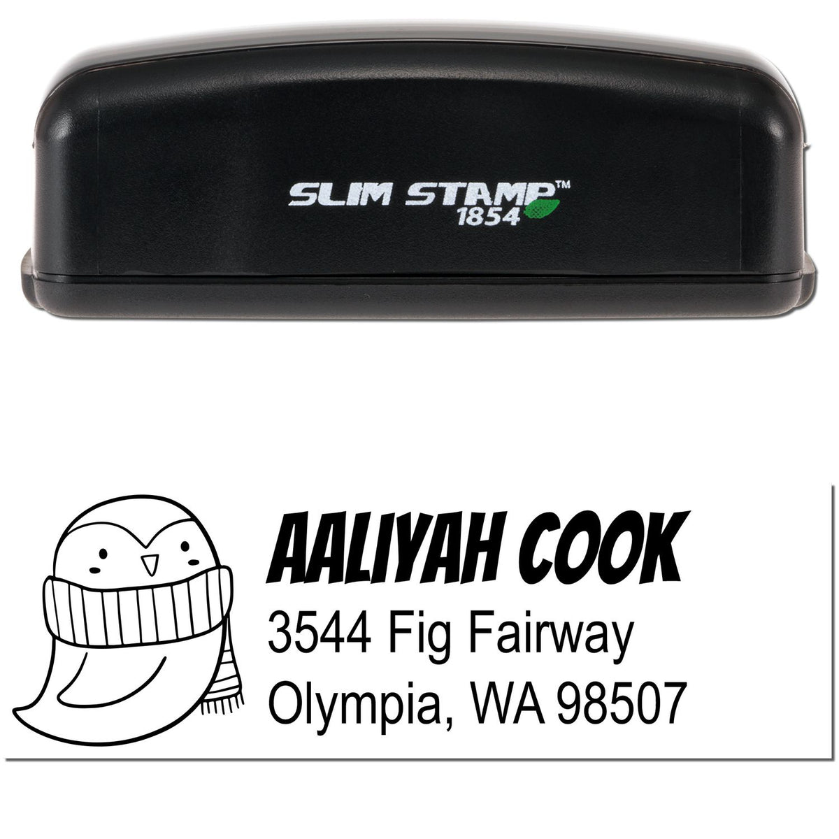 Slim Pre-Inked Pretty Penguin Customize Mailing Address Stamp featuring a personalizable return mail stamp with a cute penguin design. The stamp displays the name Aaliyah Cook and an address in Olympia, WA.