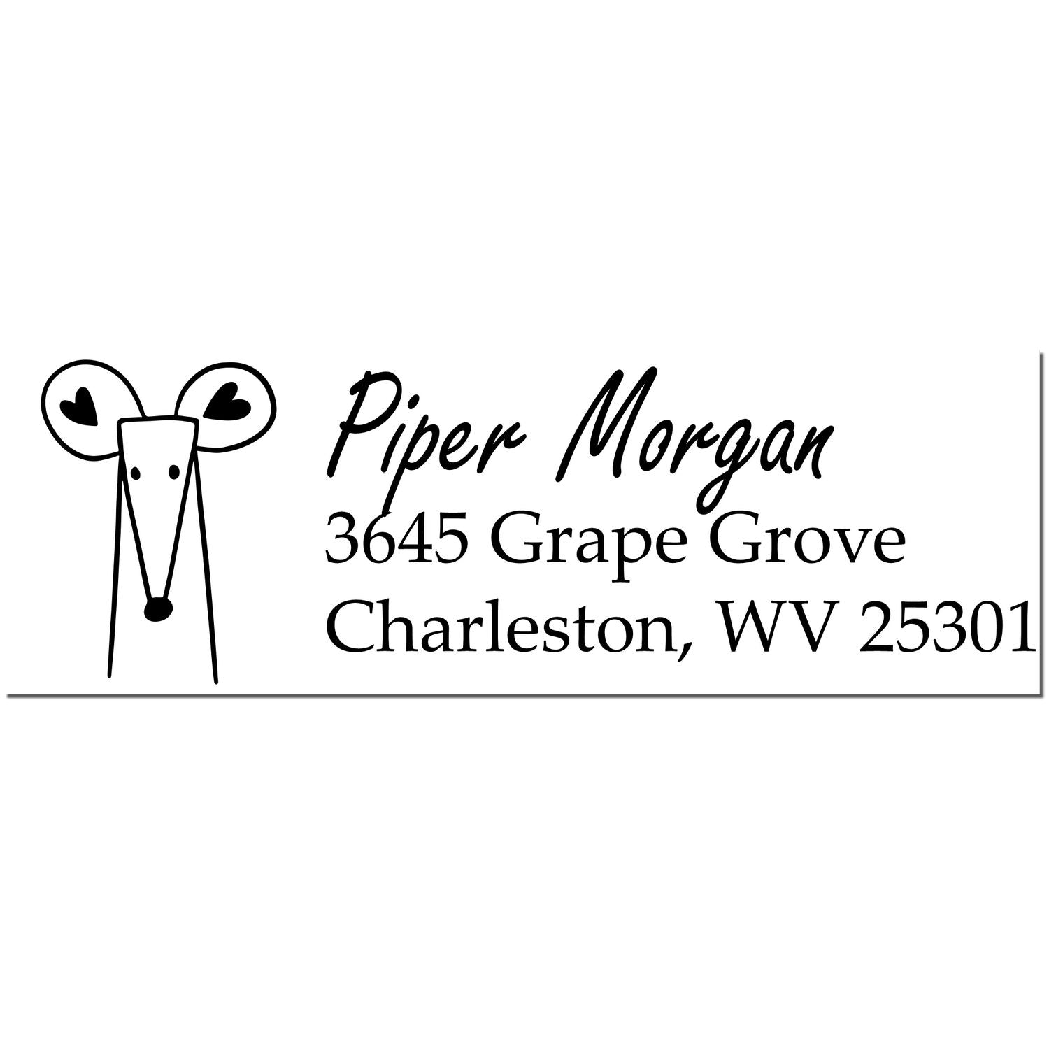 Image of a Mighty Mouse Customized Name and Address Self-Inking Stamp featuring a cartoon mouse with heart-shaped ears. The text reads "Piper Morgan, 3645 Grape Grove, Charleston, WV 25301." Ideal for a Custom New Address Stamp.