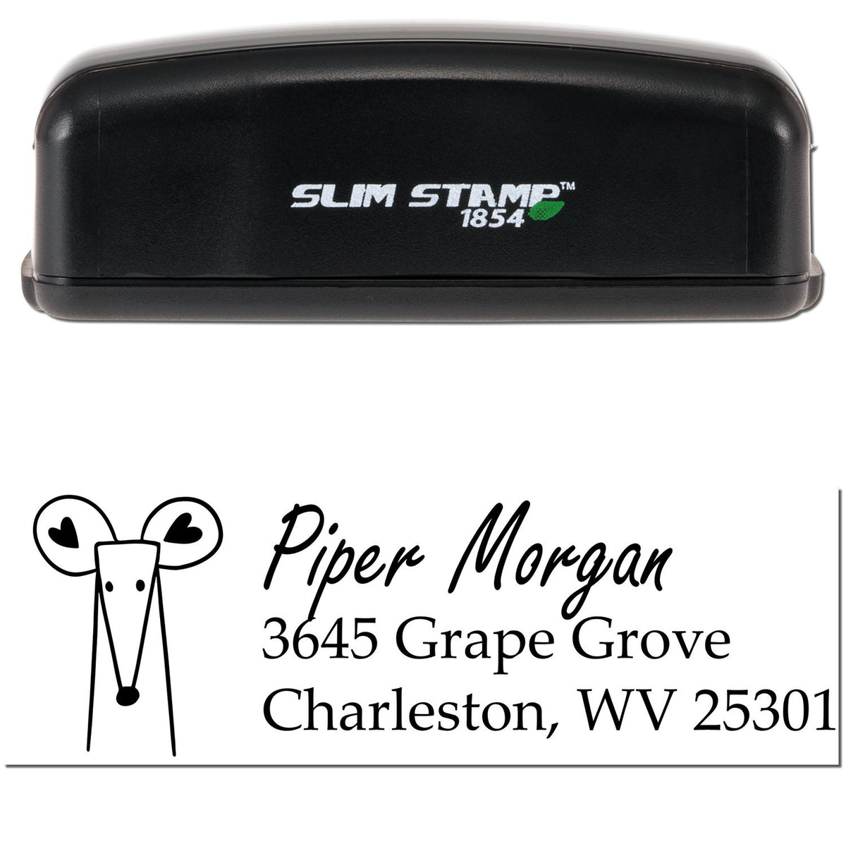 Image of a Slim Pre-Inked Mighty Mouse Customize Mail Address Stamp. The stamp is black with "Slim Stamp 1854" on it. Below, a Personalized Home Stamp design shows the name Piper Morgan and an address in Charleston, WV, with a mouse graphic.