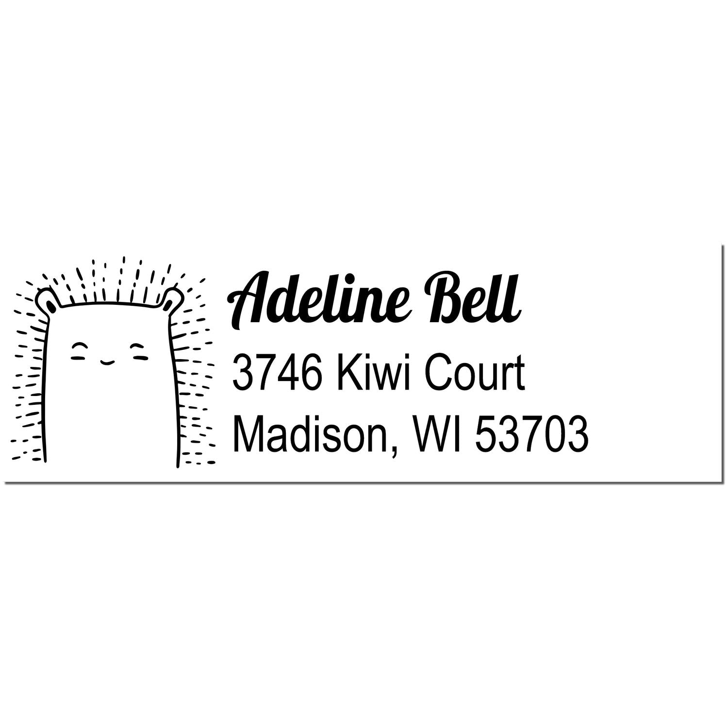 Bouncy Bear Customized Mailing Self-Inking Stamp featuring a cute bear design with the text "Adeline Bell, 3746 Kiwi Court, Madison, WI 53703." Ideal as a Personalized New Address Stamp for adding charm to your mail.
