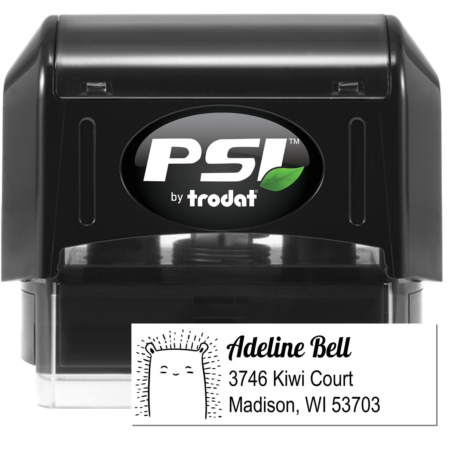 PSI Bouncy Bear Personalized Address Return Pre-Inked Stamp featuring a cute bear design. The Personalizable New Address Stamper displays "Adeline Bell, 3746 Kiwi Court, Madison, WI 53703" in black ink.