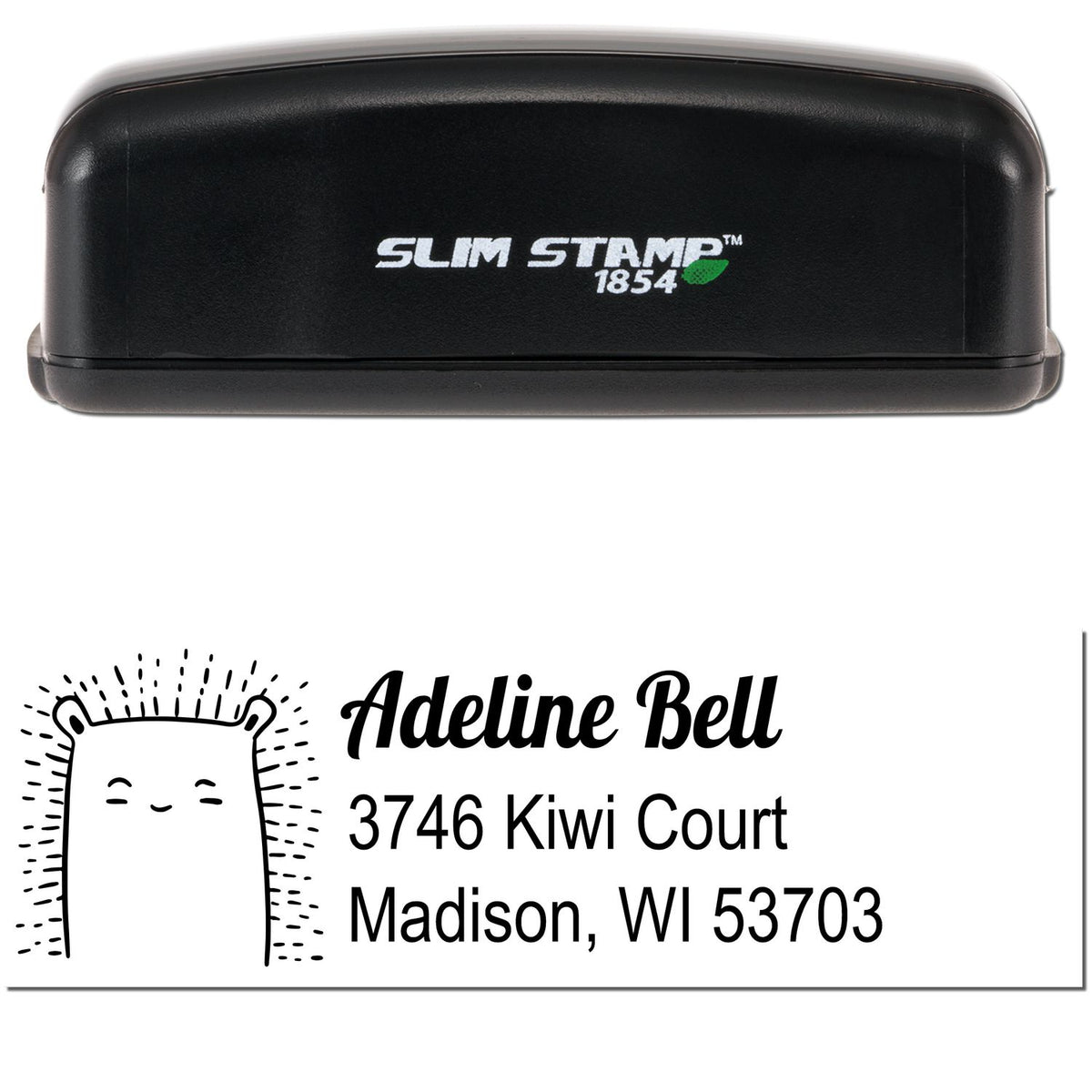 Slim Pre-Inked Bouncy Bear Customize New Address Stamp featuring a black casing with "Slim Stamp 1854" text. Below, a Personalized Home Stamper design shows "Adeline Bell, 3746 Kiwi Court, Madison, WI 53703" with a cute bear illustration.