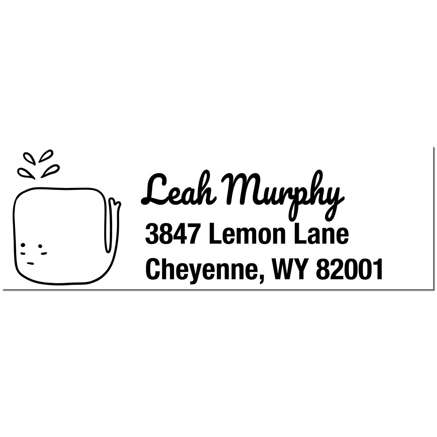 Wood Handle Joyful Whale Customize Return Address Rubber Stamp featuring a cute whale illustration and personalized text for Leah Murphy at 3847 Lemon Lane, Cheyenne, WY 82001. This Custom-Made Return Mail Stamp adds a playful touch to correspondence.