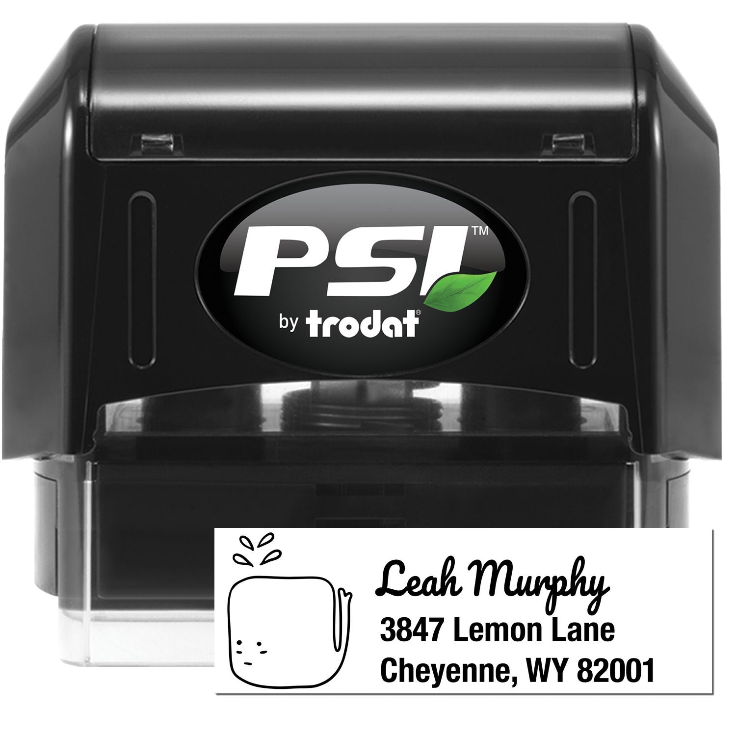 Image of a PSI Joyful Whale Personalized Mailing Address Pre-Inked Stamp. The stamp features a customizable new address design with a whale graphic and sample text: "Leah Murphy, 3847 Lemon Lane, Cheyenne, WY 82001."