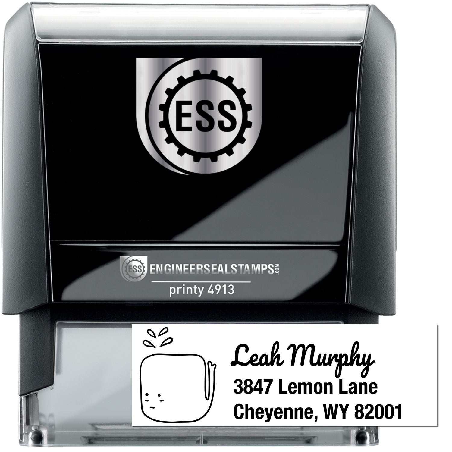 Joyful Whale Customized Mail Self-Inking Stamp with a sleek black design. The Personalizable Mailing Stamper displays a sample address with a cute whale graphic, showcasing its customization feature for personalized mailing needs.