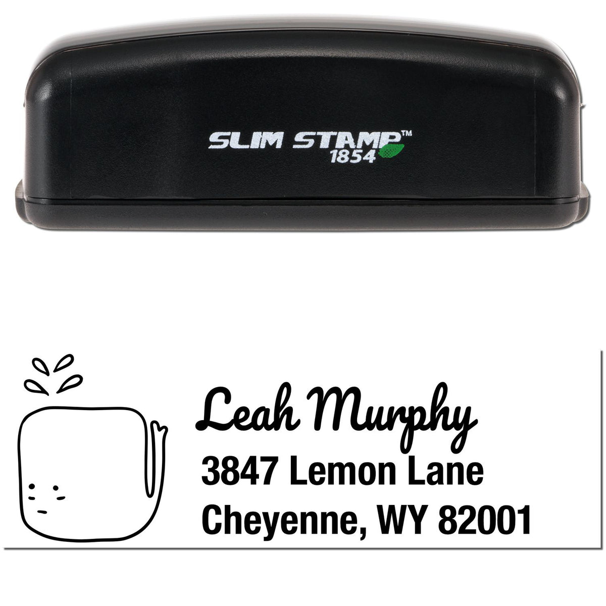 Image of a Slim Pre-Inked Joyful Whale Customize Home Address For Envelopes Stamp. The black stamper is labeled "Slim Stamp 1854" and features a personalizable mailing stamper design with the name Leah Murphy and address in Cheyenne, WY.