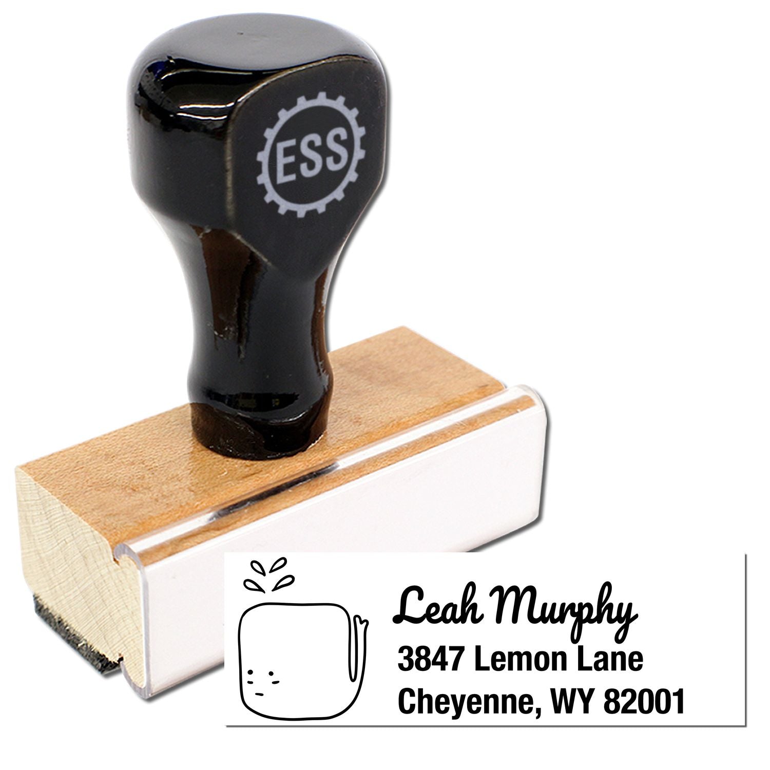 Wood Handle Joyful Whale Customize Return Address Rubber Stamp with black top and wooden base. The stamp features a cute whale design and is labeled as a Custom Return Mail Stamper, shown with an example address for Leah Murphy in Cheyenne, WY.