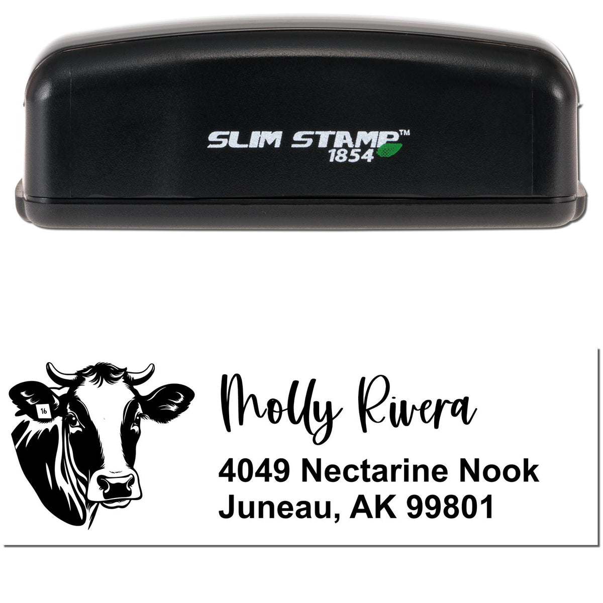 Black Slim Stamp 1854 self-inking stamp with cow logo and Molly Rivera address in black on white.