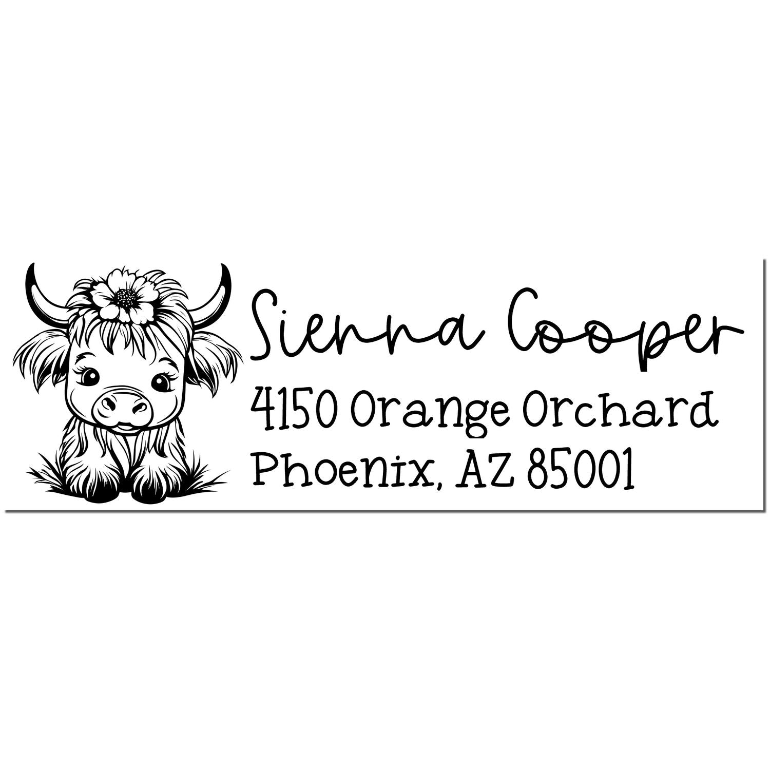 Custom black address stamp with a cow illustration and floral horn design for Sienna Cooper, Phoenix, AZ 85001