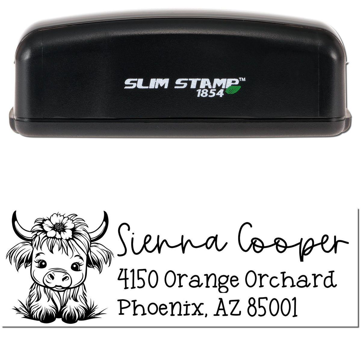Black Slim Stamp 1854 custom stamp and seal with cow graphic, Sierra Cooper name, and Phoenix, AZ address.