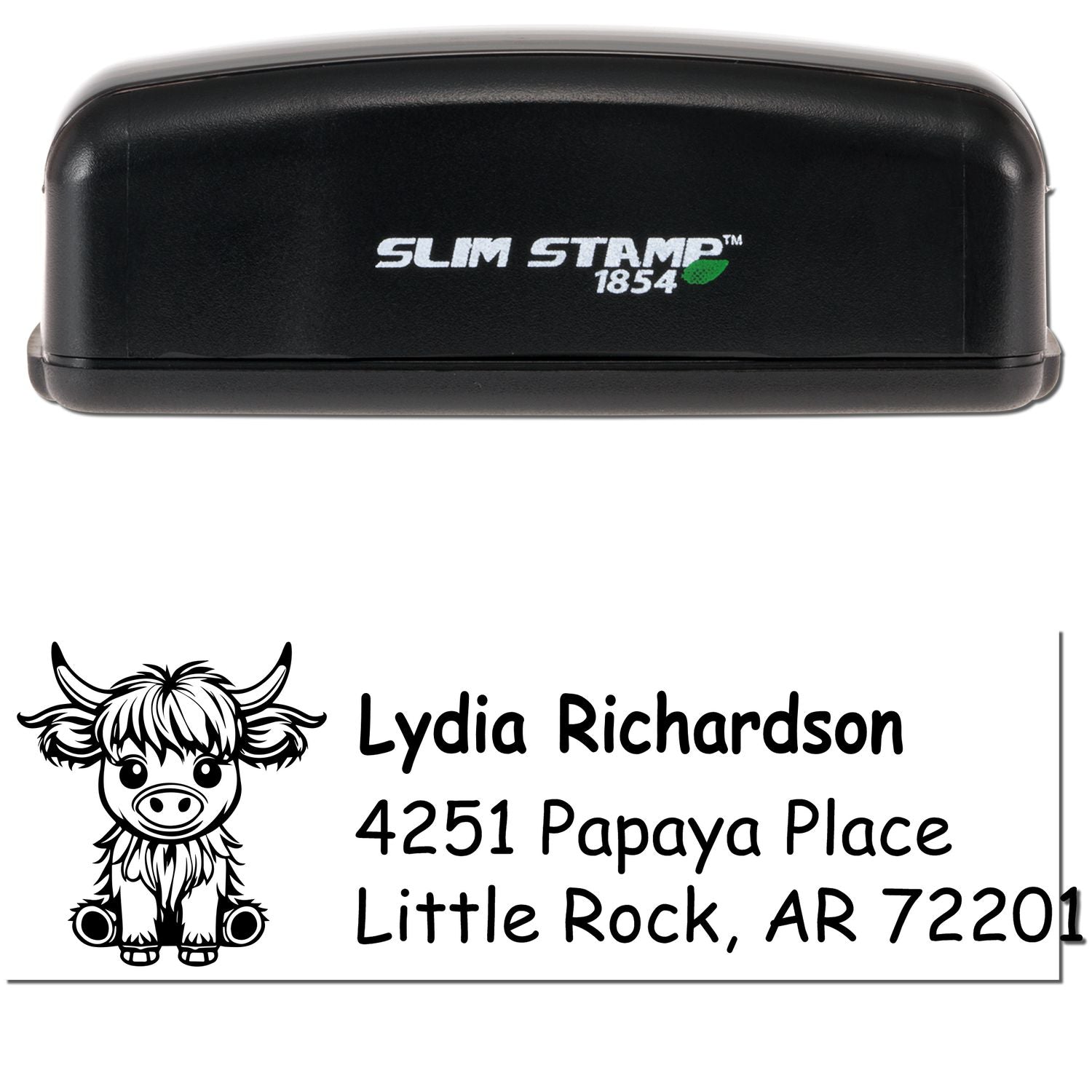 Black Slim Stamp 1854 self-inking stamp with custom address seal, cow logo, and white text for Lydia Richardson, Little Rock, AR.