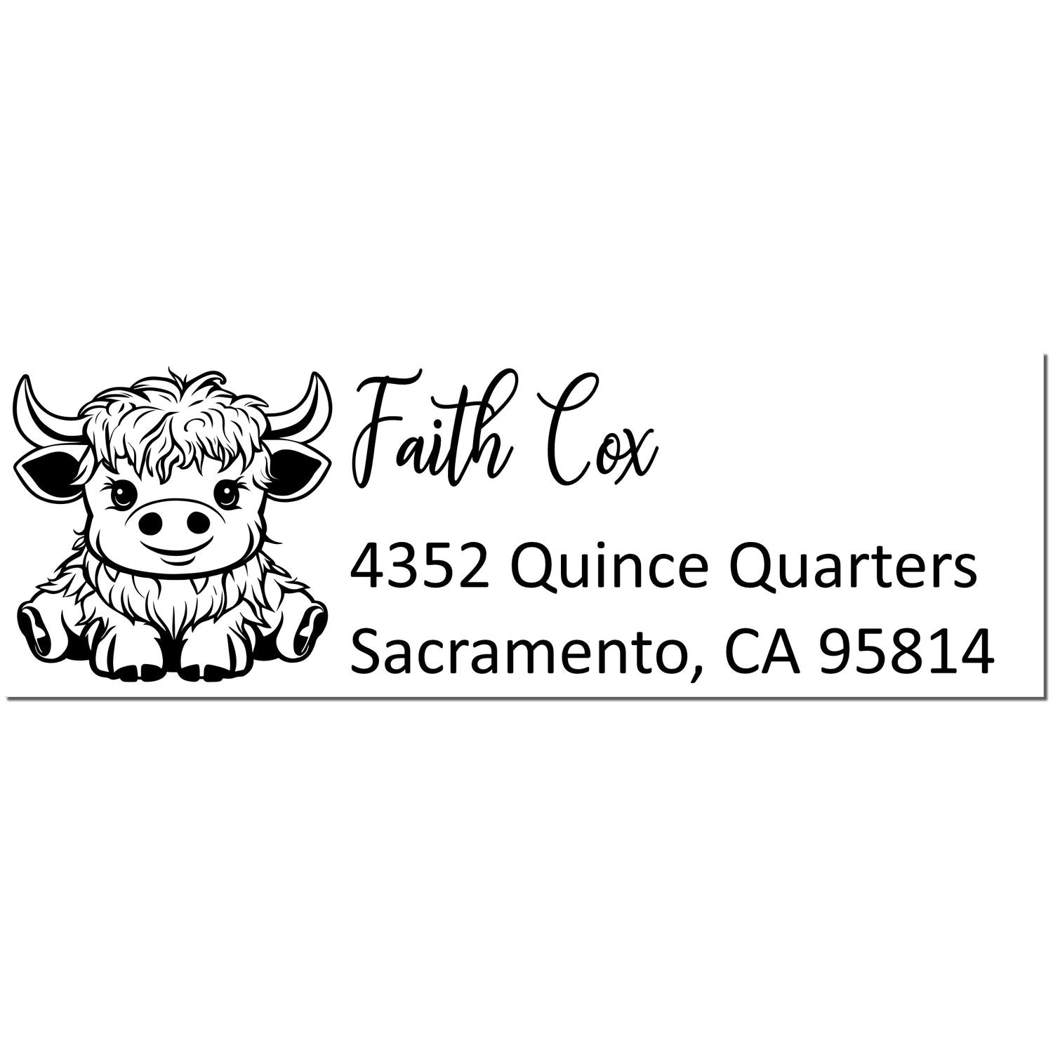 Black-and-white custom stamp seal with cute cow graphic, Faith Cox name, and Sacramento, CA address.
