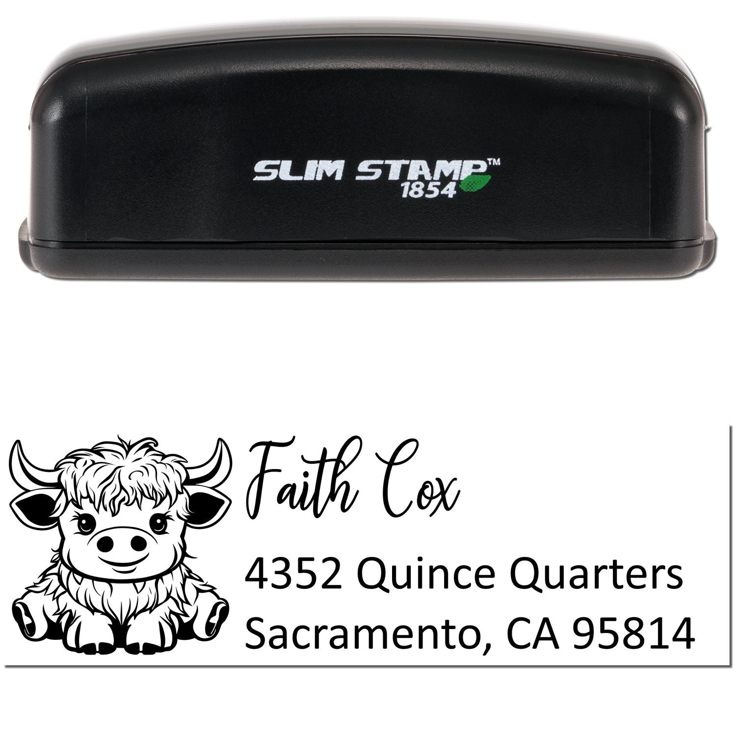 Black Slim Stamp 1854 self-inking stamp with custom cow seal reading Faith Cox, 4352 Quince Quarters, Sacramento, CA 95814