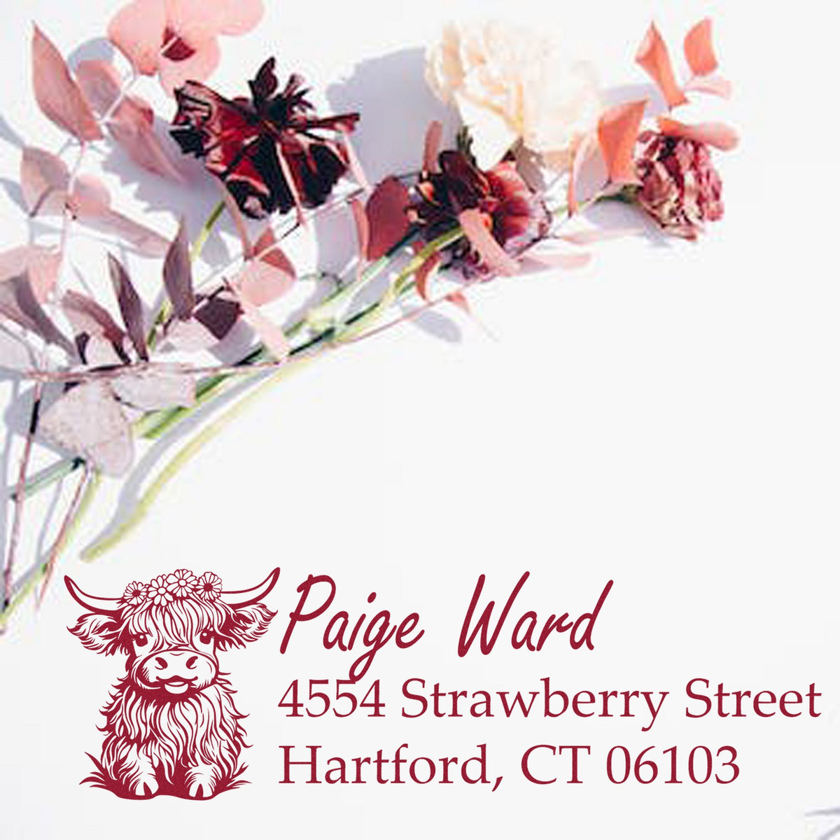 Maroon custom stamp and seal with cow graphic, floral accents, and Paige Ward address in Hartford, CT 06103.