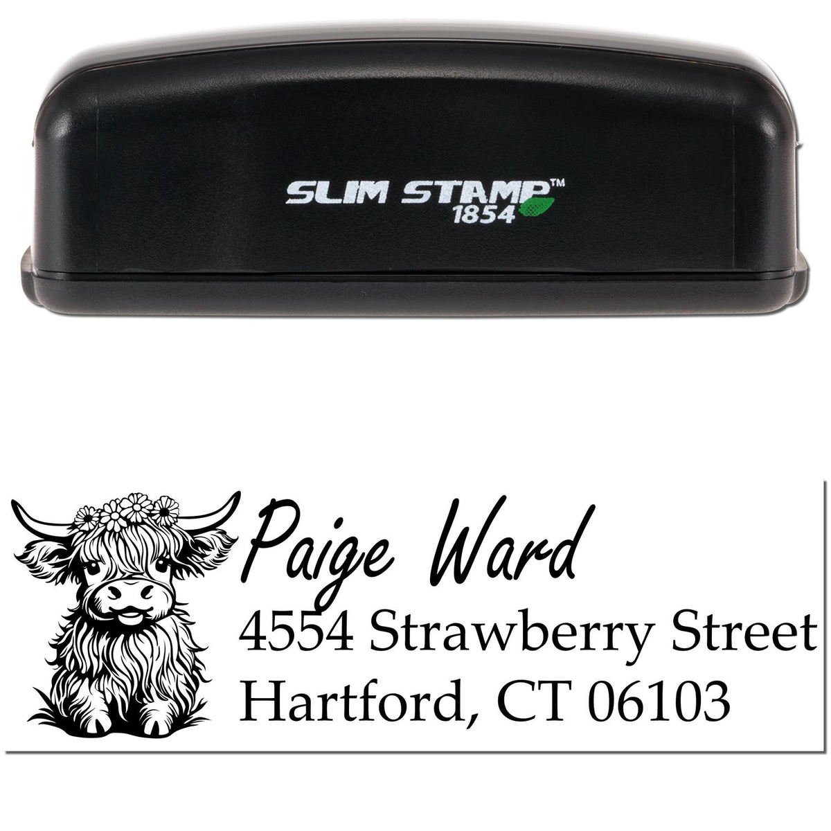 Black Slim Stamp 1854 custom address stamp and seal with cow logo, Paige Ward name, and Hartford, CT address in black.