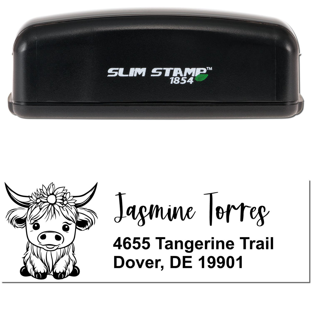 Black Slim Stamp 1854 self-inking stamp and personalized seal with cow illustration, Jasmine Torres name, and Dover, DE address.