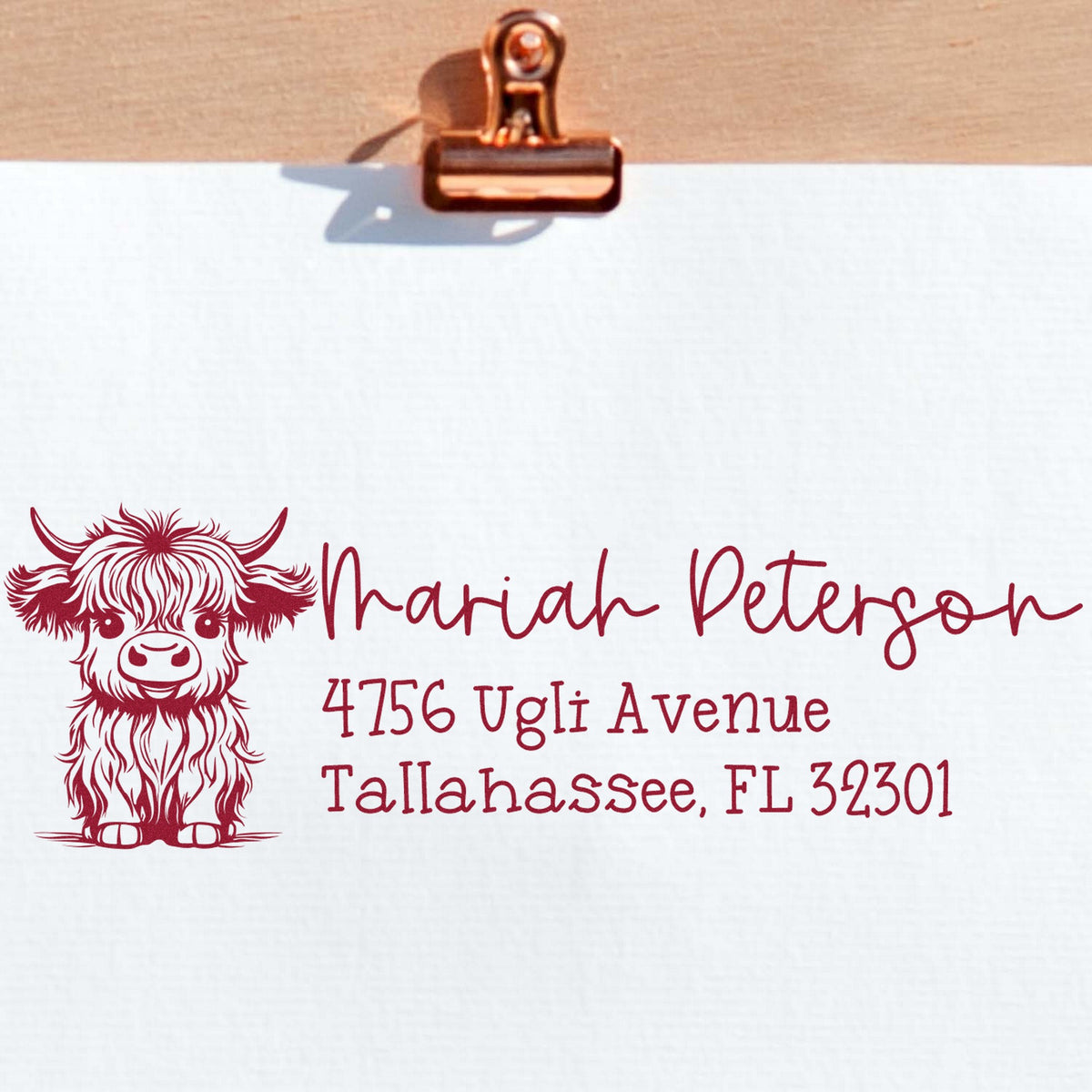Maroon Highland cow address stamp with Mariah Peterson name and Tallahassee, FL address on white background.
