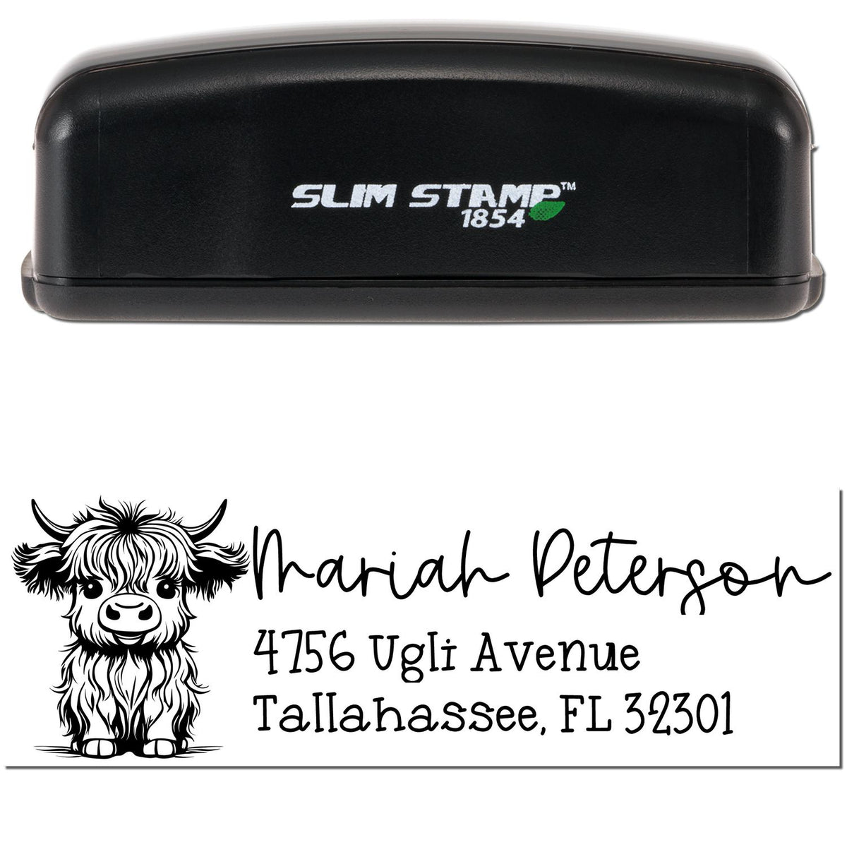 Black Slim Stamp 1854 self-inking stamp with black-and-white highland cow address seal for Mariah Peterson, Tallahassee, FL.