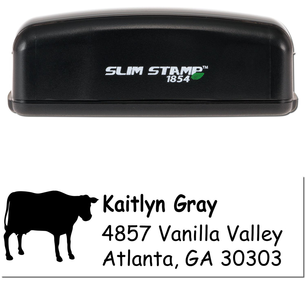 Black Slim Stamp 1854 self-inking stamp and custom cow address seal with Kaitlyn Gray, Atlanta, GA 30303