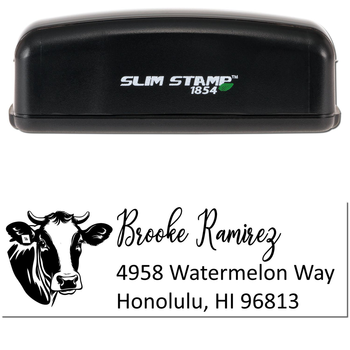 Black Slim Stamp 1854 custom stamp and seal with cow graphic, Brooke Ramirez name, and Honolulu address.