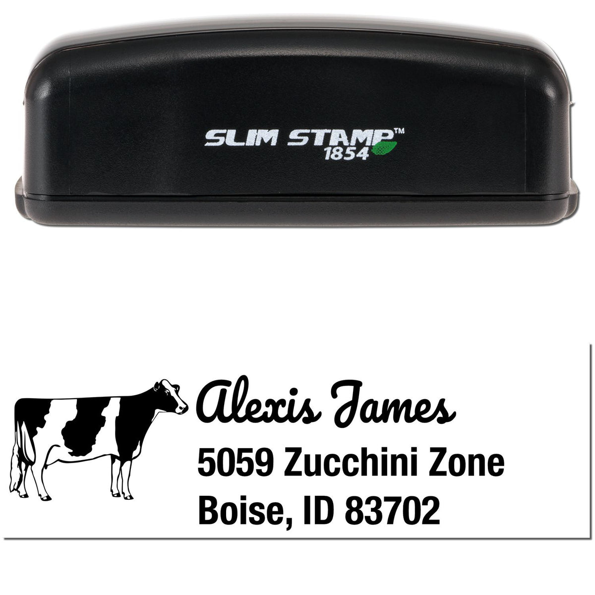 Black Slim Stamp 1854 self-inking address stamp with cow graphic for Alexis James, Boise, ID 83702