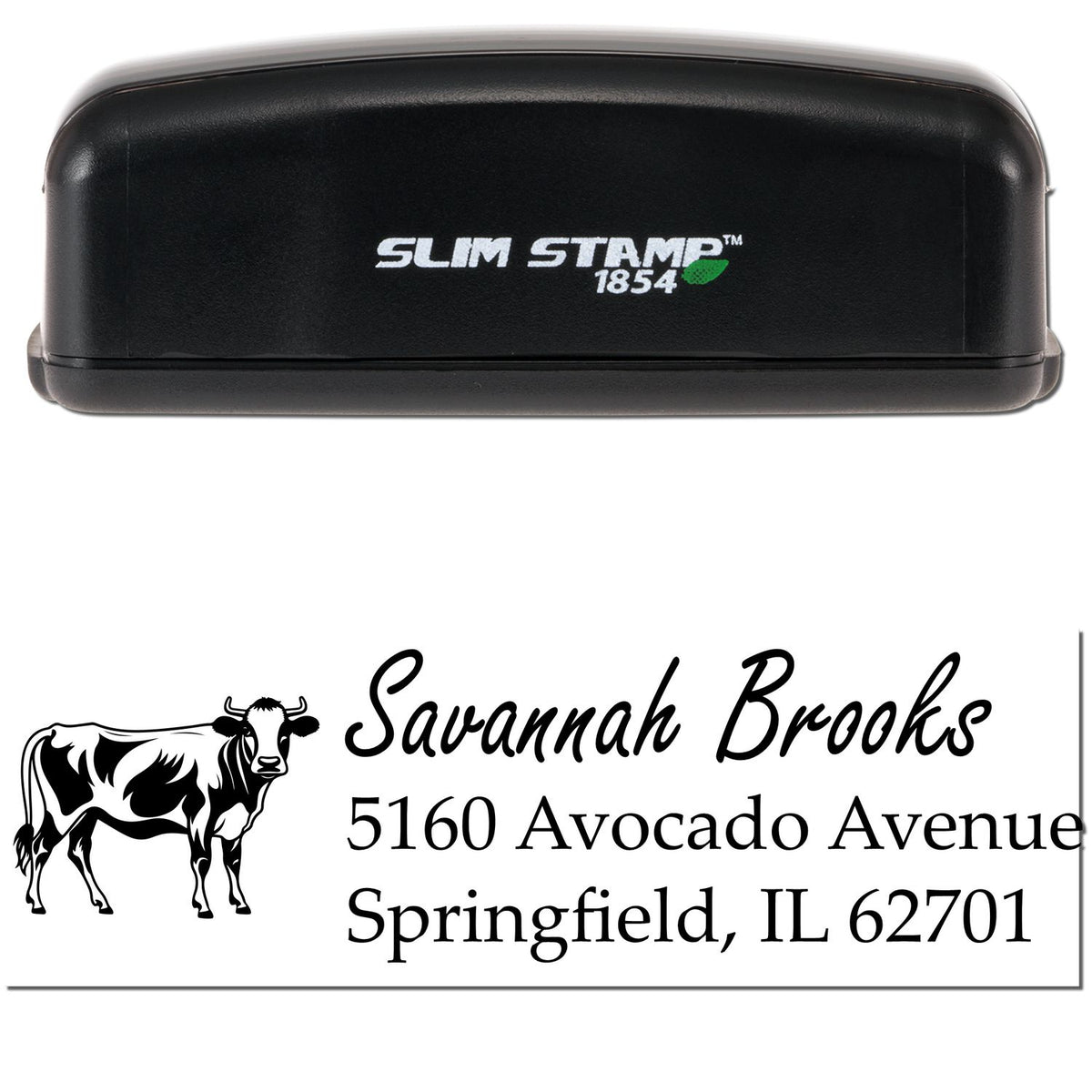 Black Slim Stamp 1854 self-inking address stamp with cow logo, Savannah Brooks, and Springfield, IL 62701.