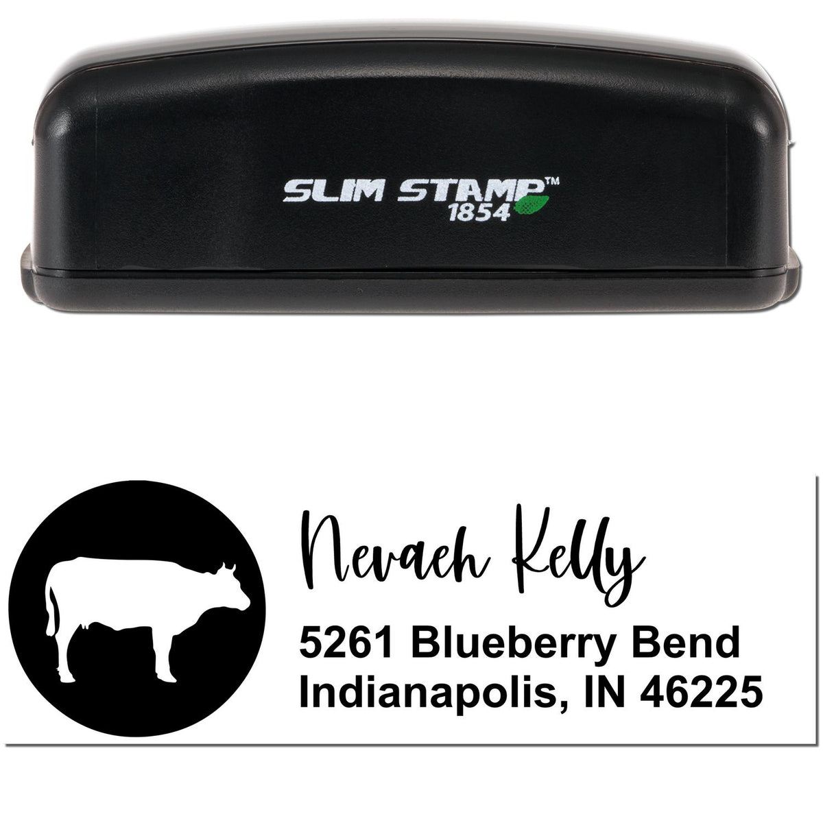 Black Slim Stamp 1854 self-inking stamp with custom cow seal and Nevaeh Kelly address in bold black text.