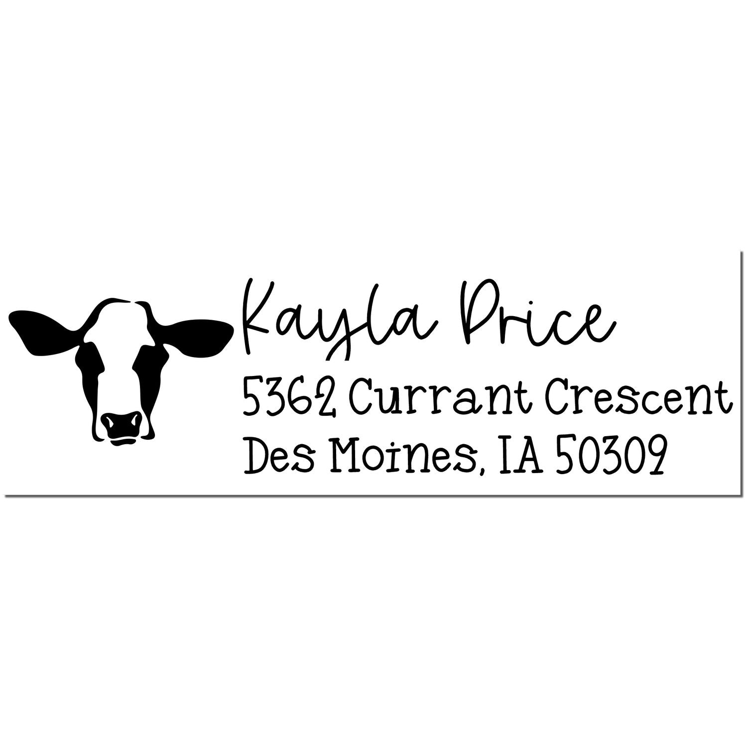 Black custom return address stamp with cow head logo, Kayla Price, and Des Moines, IA 50309 on white background.