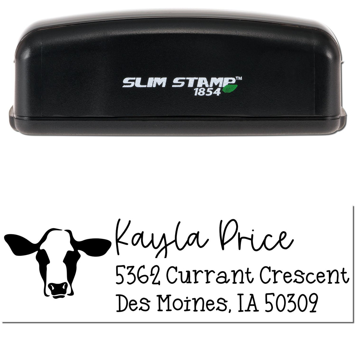 Black Slim Stamp 1854 self-inking stamp with cow logo and custom address imprint for Kayla Price in black on white