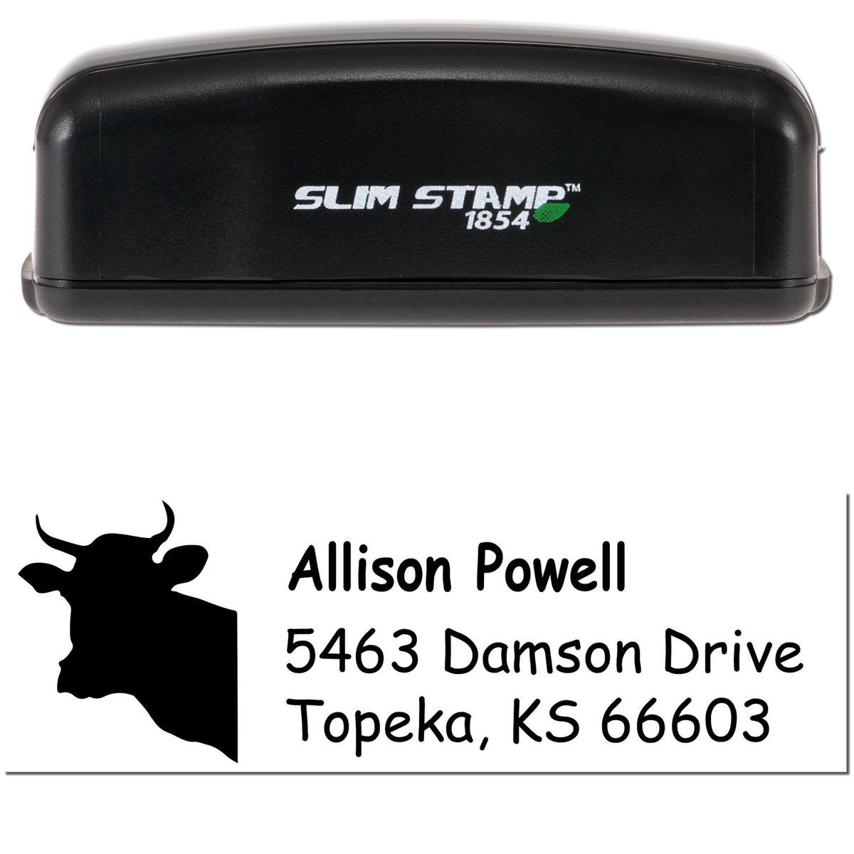 Black Slim Stamp 1854 self-inking stamp and seal with white custom impression, black cow silhouette, and Allison Powell address.