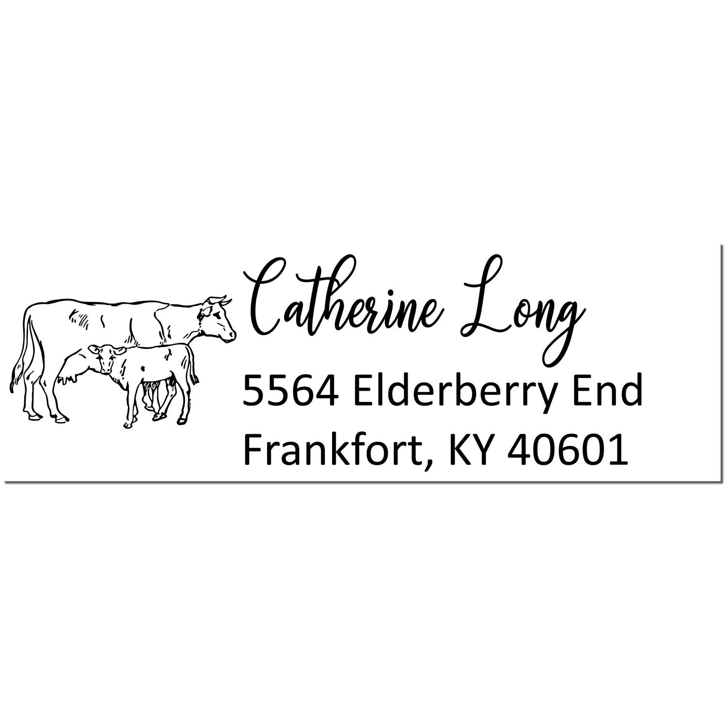 Black personalized stamp/seal with cow and calf line art, Catherine Long, 5564 Elderberry End, Frankfort, KY 40601