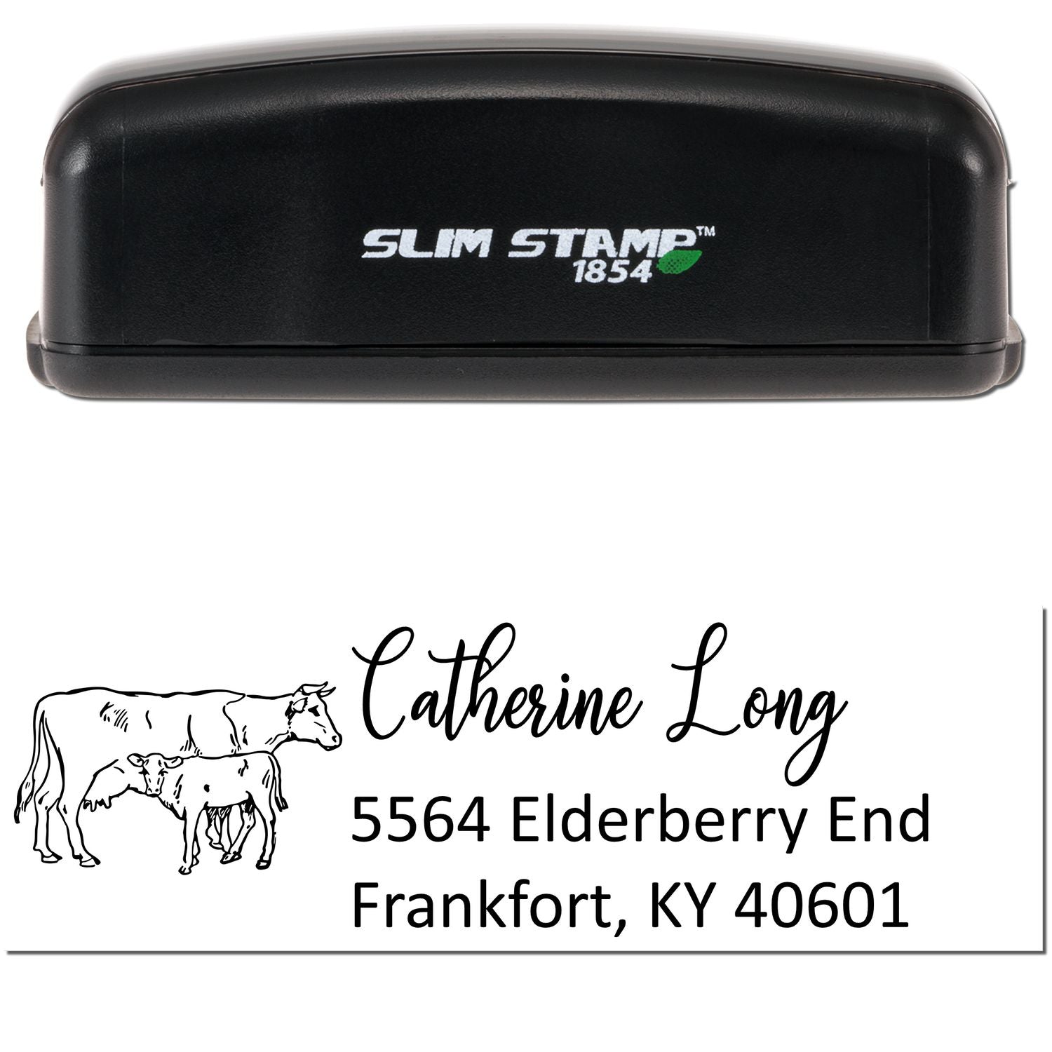 Black Slim Stamp 1854 custom address stamp and seal with cow and calf, Catherine Long, 5564 Elderberry End, Frankfort, KY