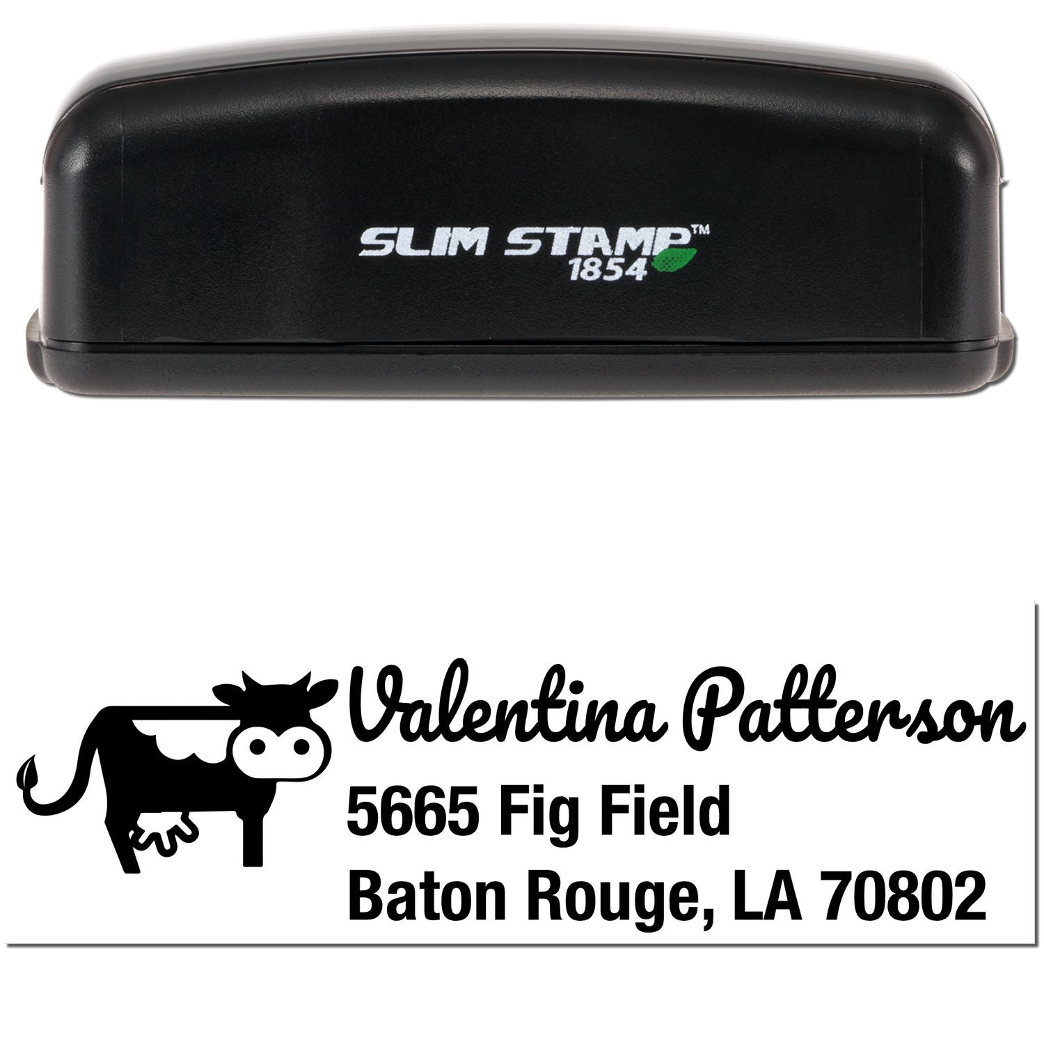 Black Slim Stamp 1854 self-inking stamp and seal with cow logo and custom address for Valentina Patterson, Baton Rouge