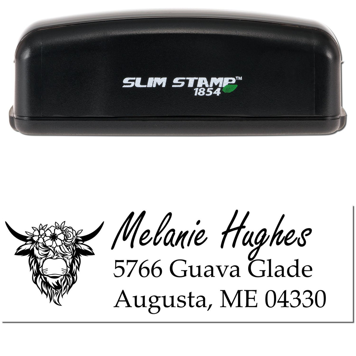 Black Slim Stamp 1854 self-inking address stamp and seal with floral cow logo, Melanie Hughes, Augusta ME 04330
